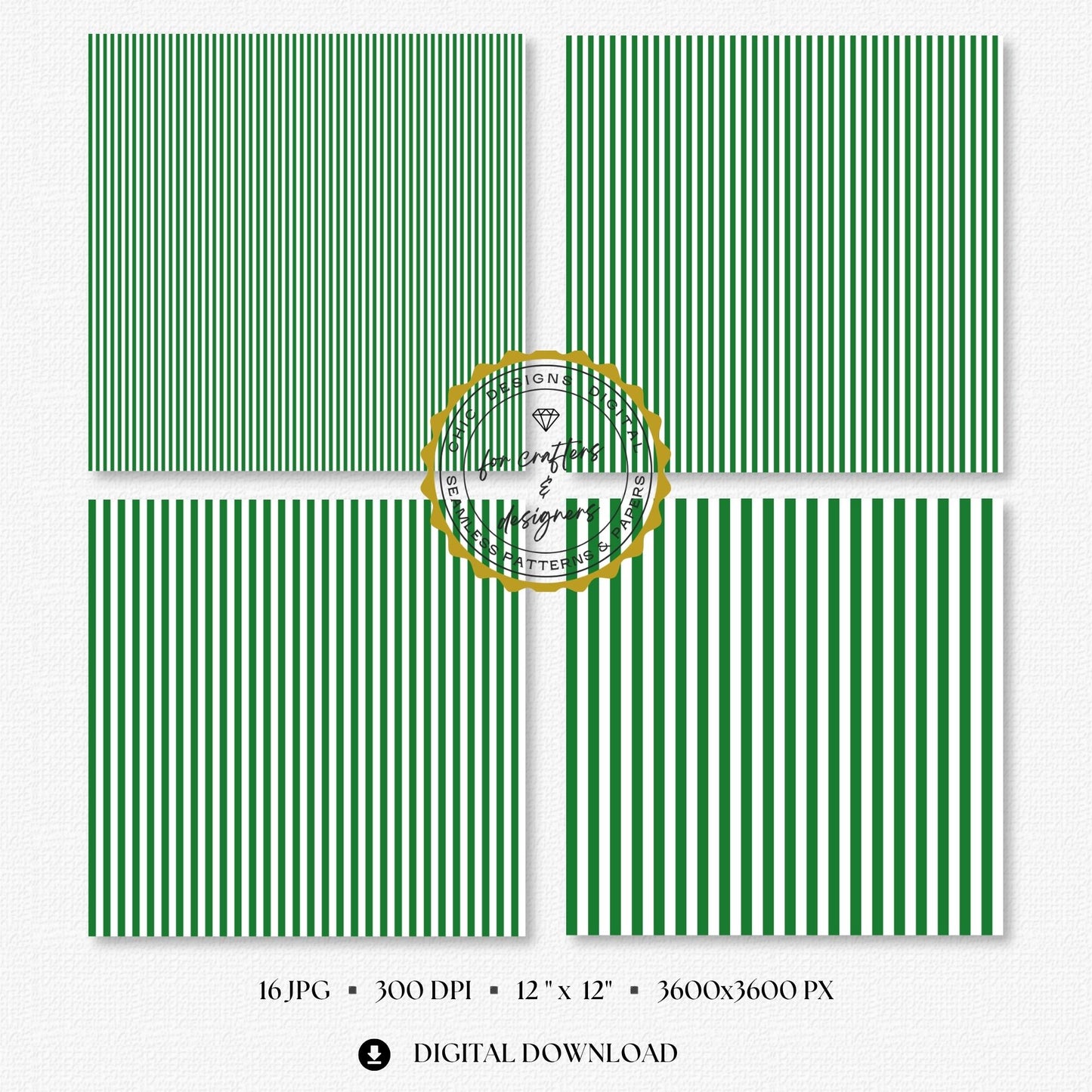 Four green and white fine stripe papers showing narrow straight vertical stripe variations.