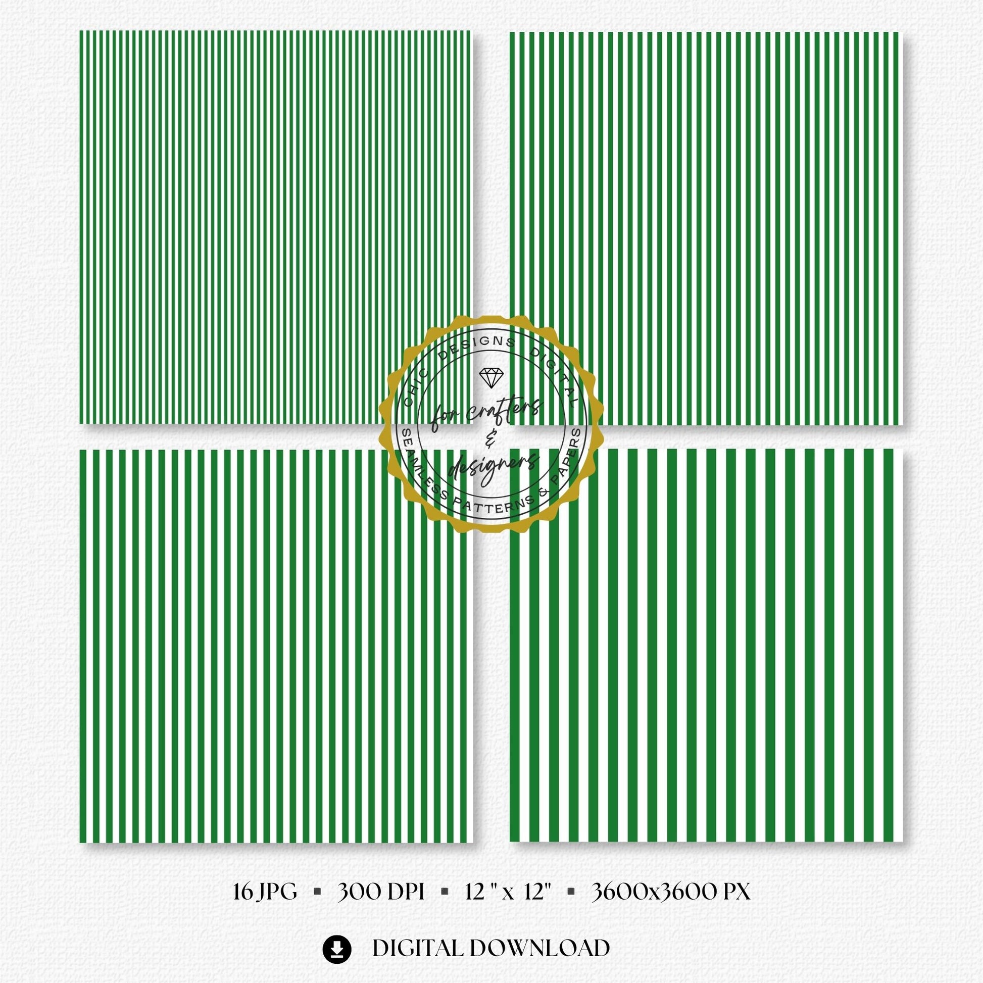 Four green and white fine stripe papers showing narrow straight vertical stripe variations.