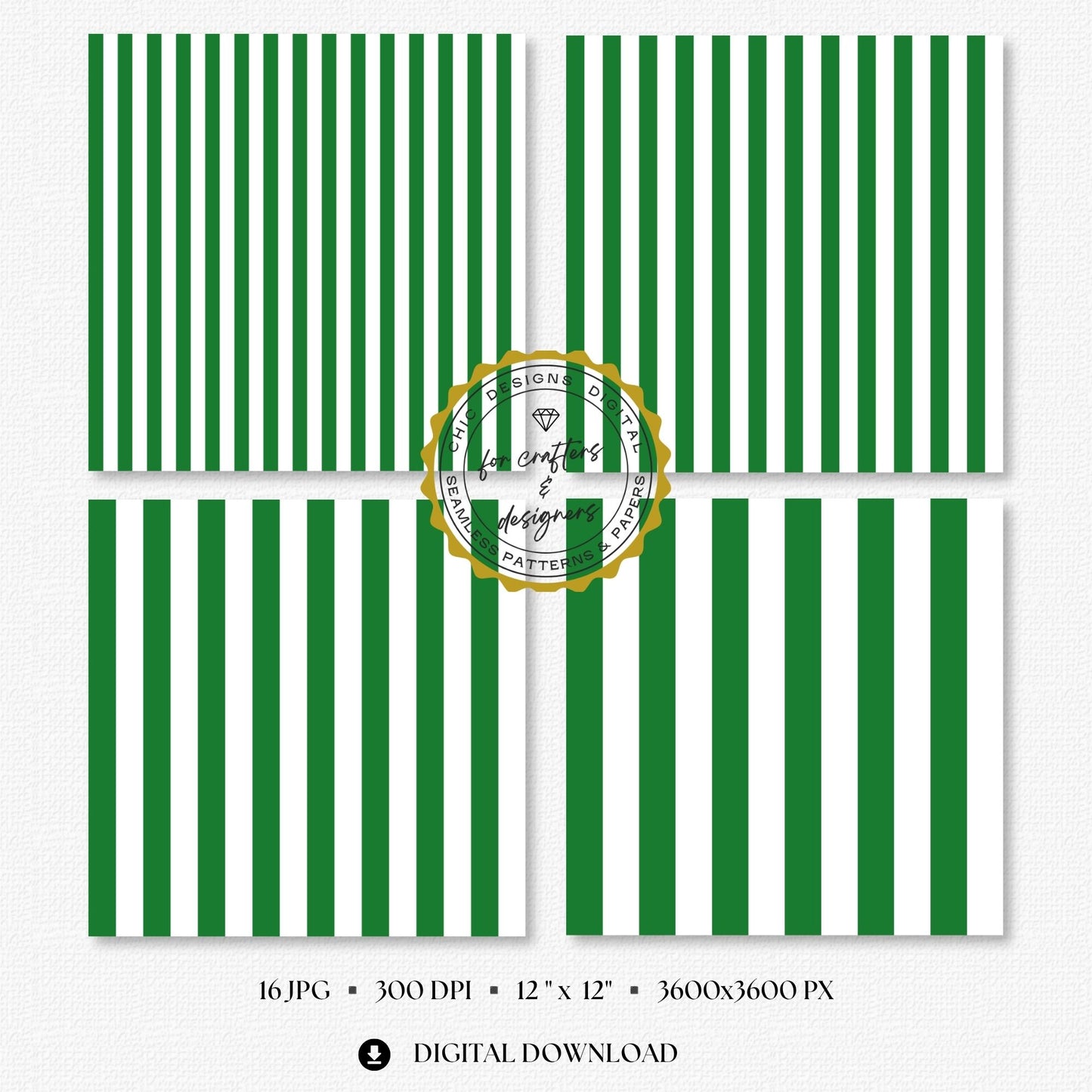 Four green and white stripe papers showing medium and wide straight vertical stripe variations.