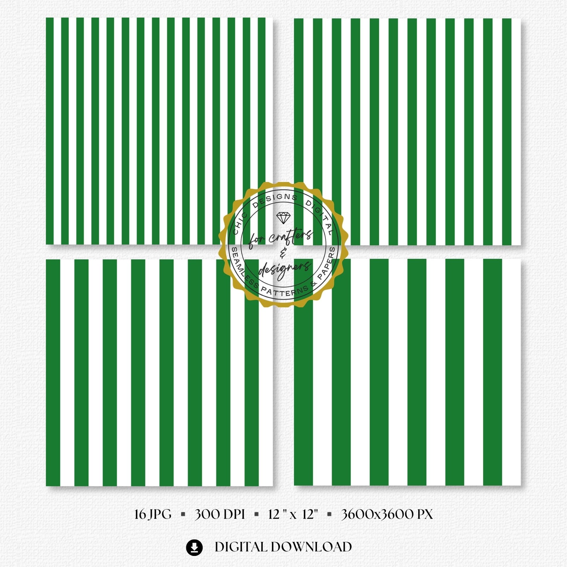 Four green and white stripe papers showing medium and wide straight vertical stripe variations.