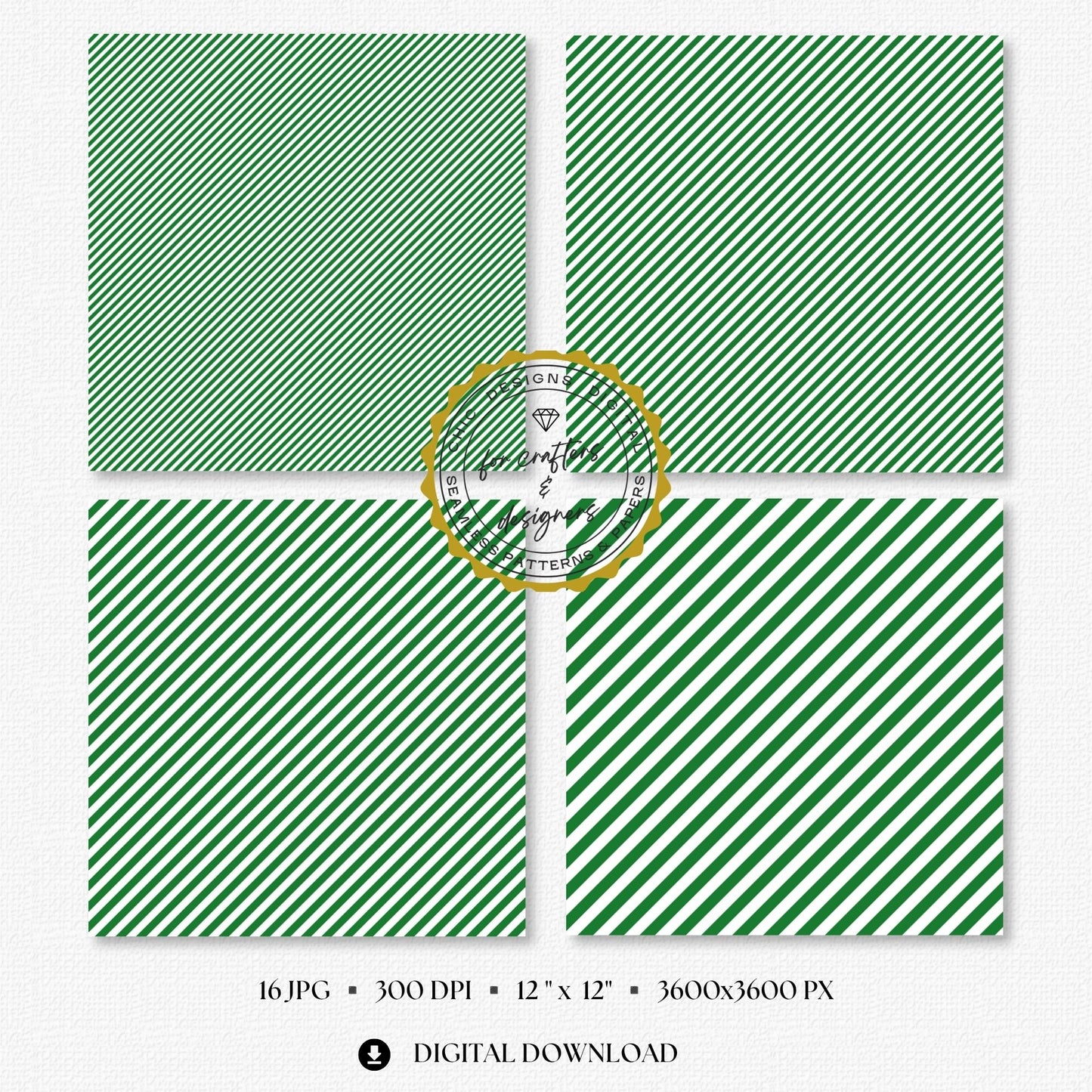 Four green and white fine stripe papers showing narrow diagonal stripe variations.