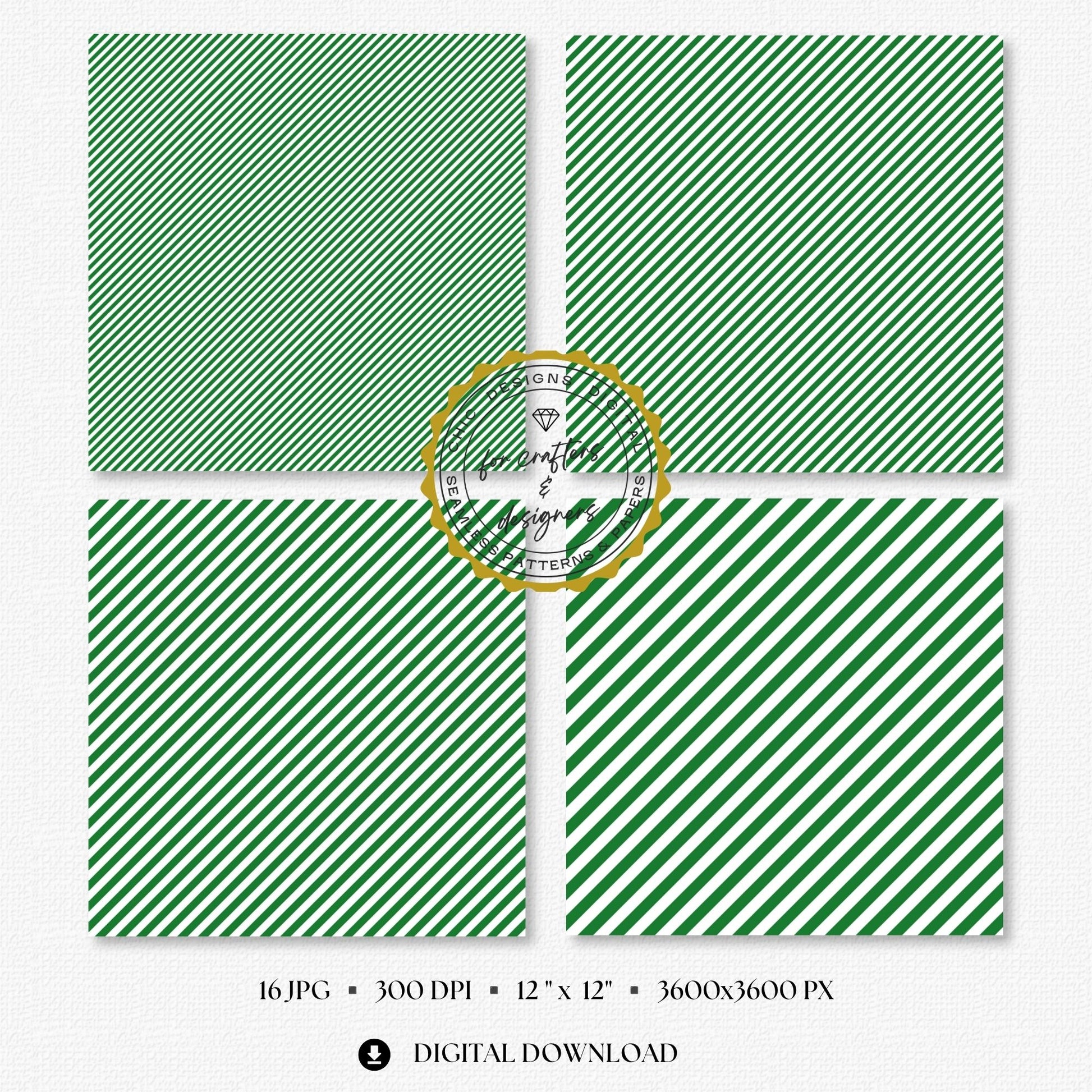 Four green and white fine stripe papers showing narrow diagonal stripe variations.