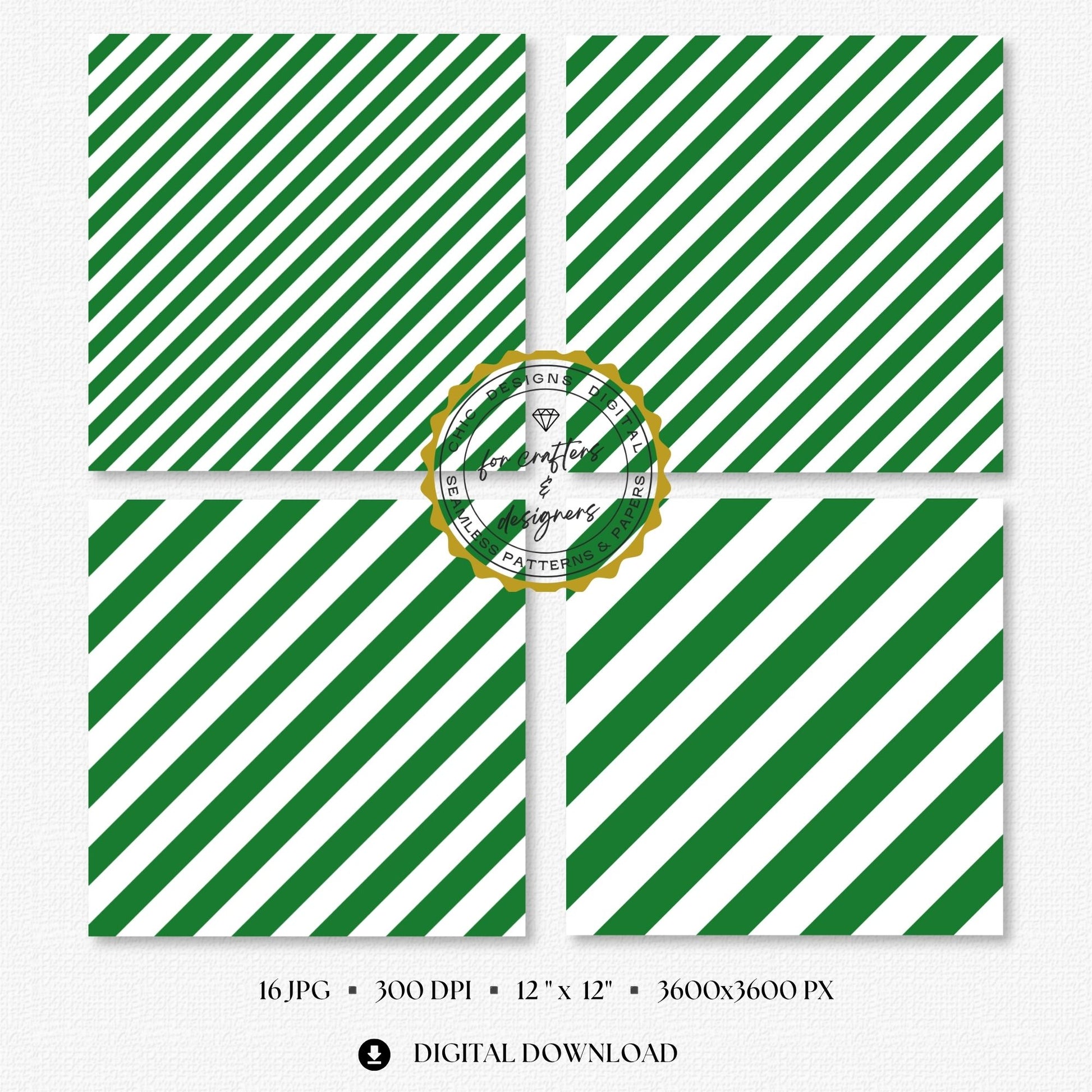 Four green and white stripe papers showing medium and wide diagonal stripe variations.
