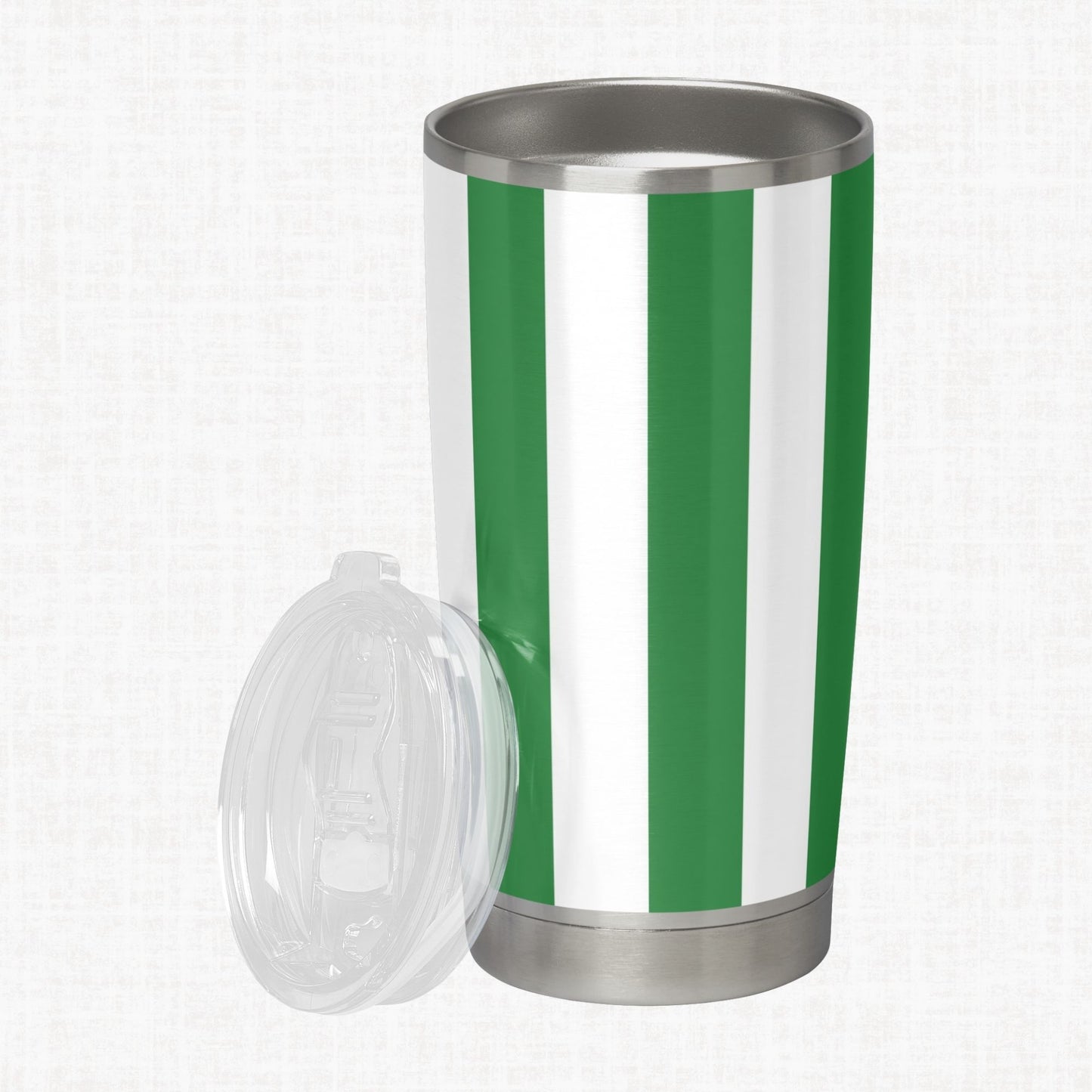 Green and white wide diagonal stripe pattern shown on a stainless steel tumbler as a product-use example.
