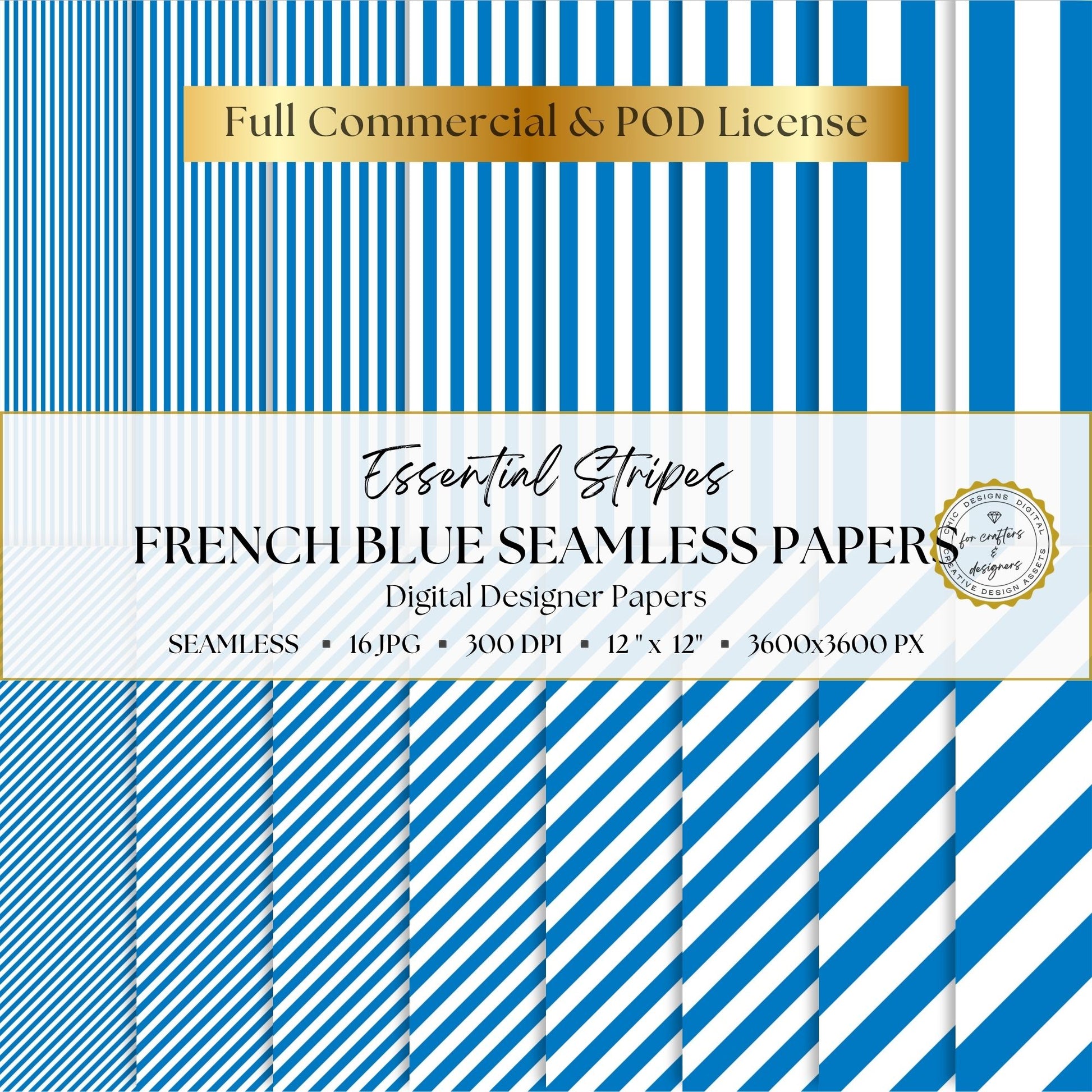 French Blue Essential Stripes digital paper pack cover showing 16 blue and white seamless stripe patterns in straight and diagonal designs.