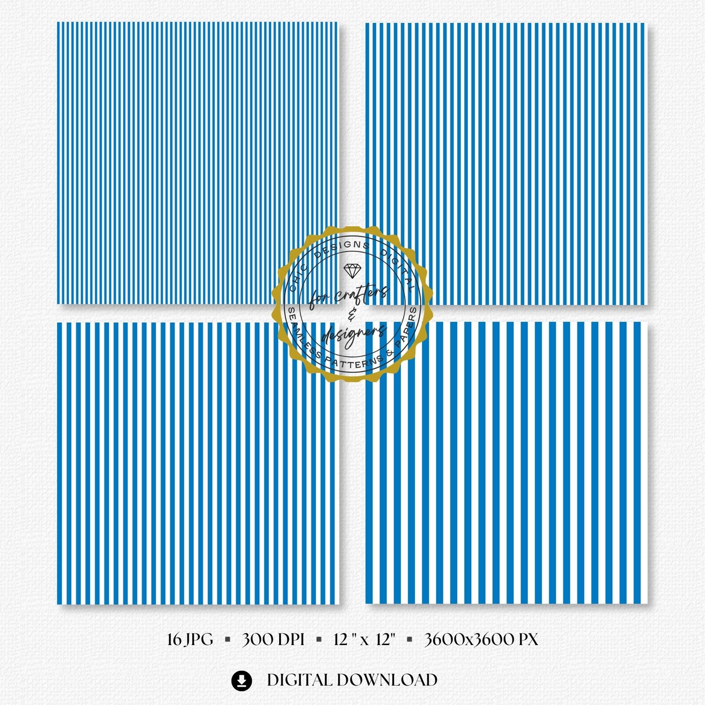 Four French blue and white fine stripe papers showing narrow straight vertical stripe variations.