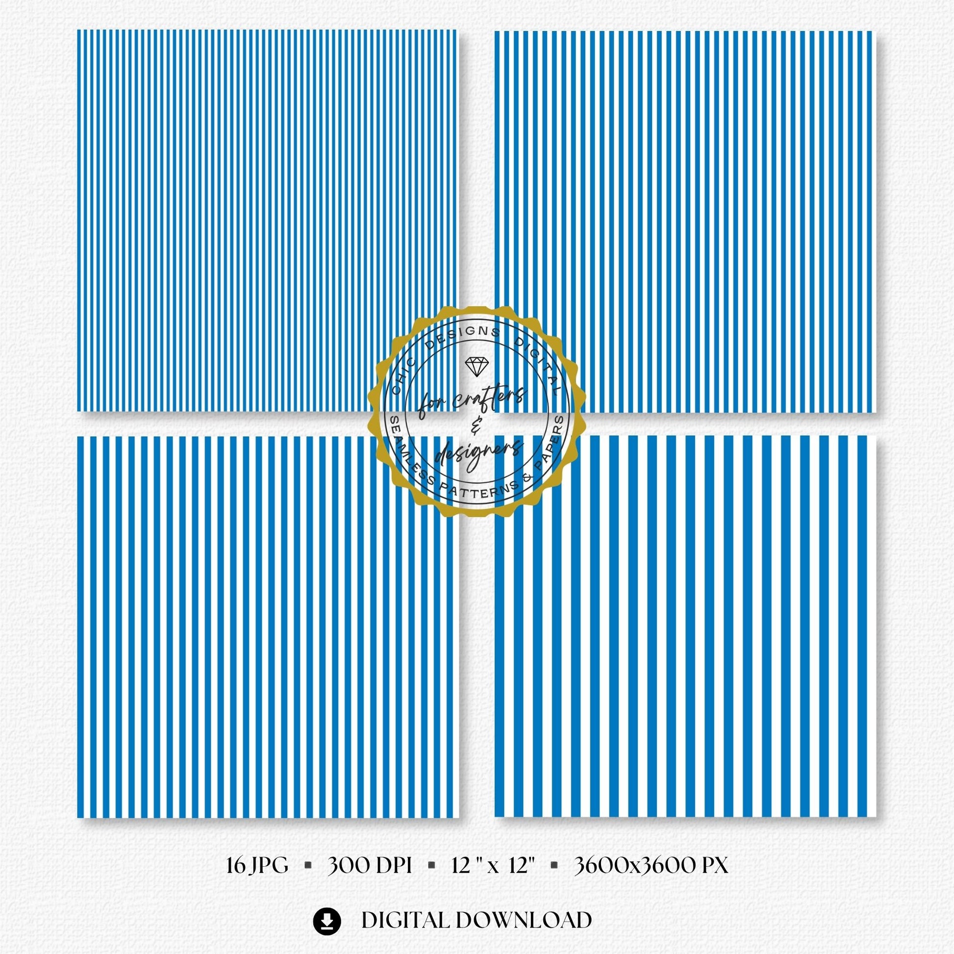 Four French blue and white fine stripe papers showing narrow straight vertical stripe variations.