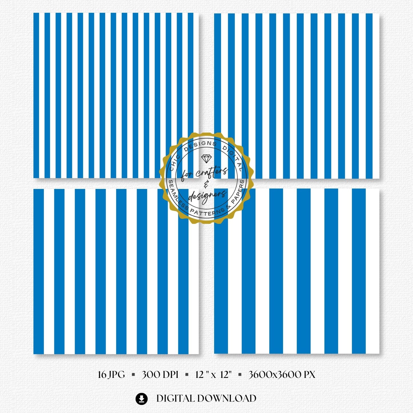 Four French blue and white stripe papers showing medium and wide straight vertical stripe variations.