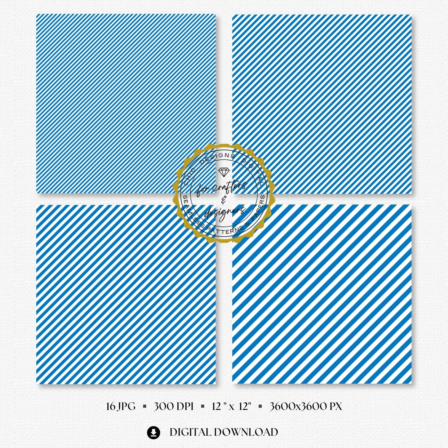 Four French blue and white fine stripe papers showing narrow diagonal stripe variations.