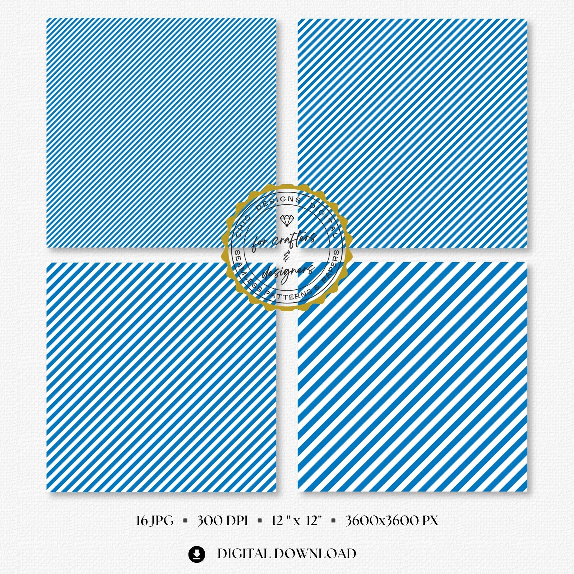 Four French blue and white fine stripe papers showing narrow diagonal stripe variations.