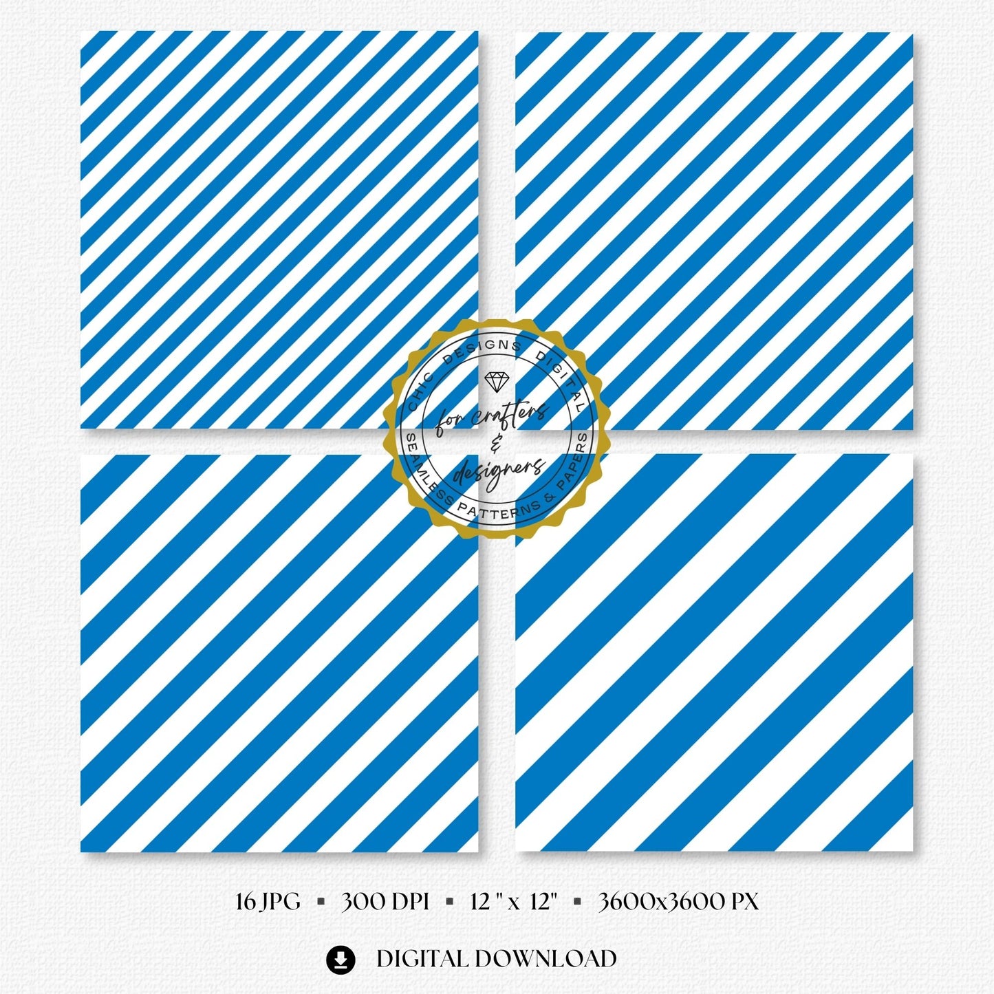 Four French blue and white stripe papers showing medium and wide diagonal stripe variations.