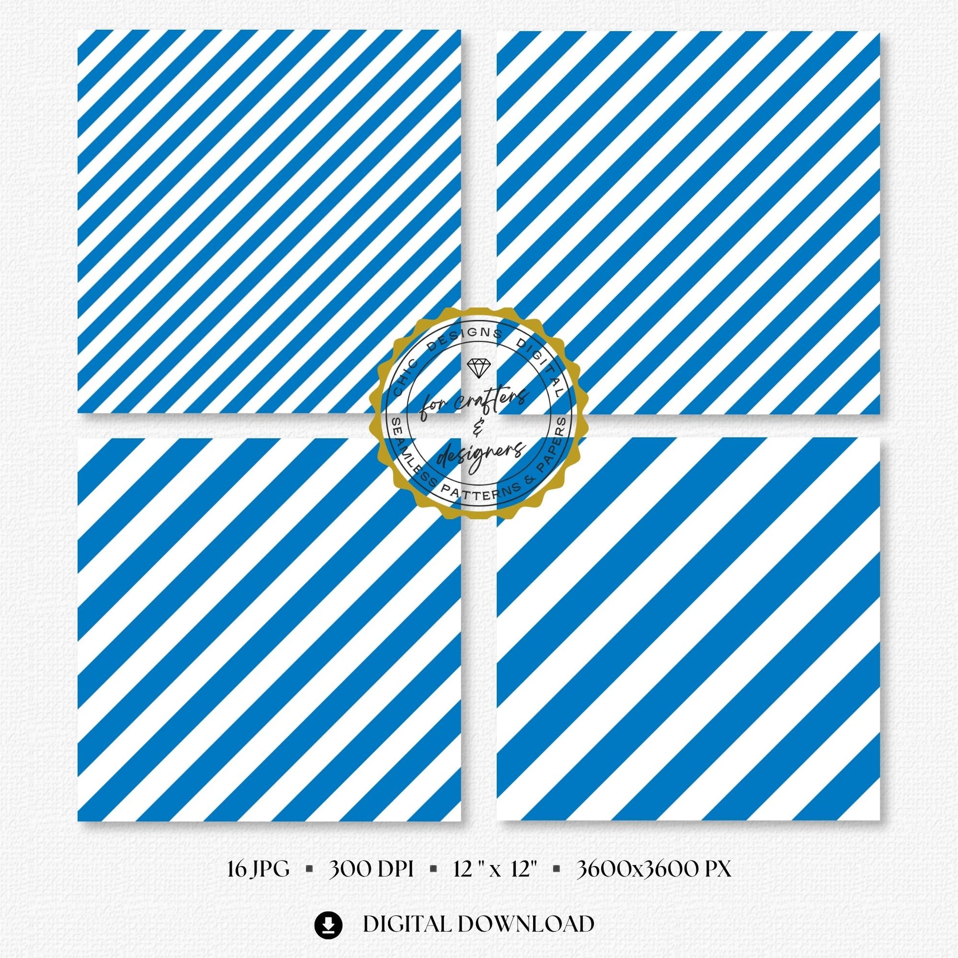 Four French blue and white stripe papers showing medium and wide diagonal stripe variations.