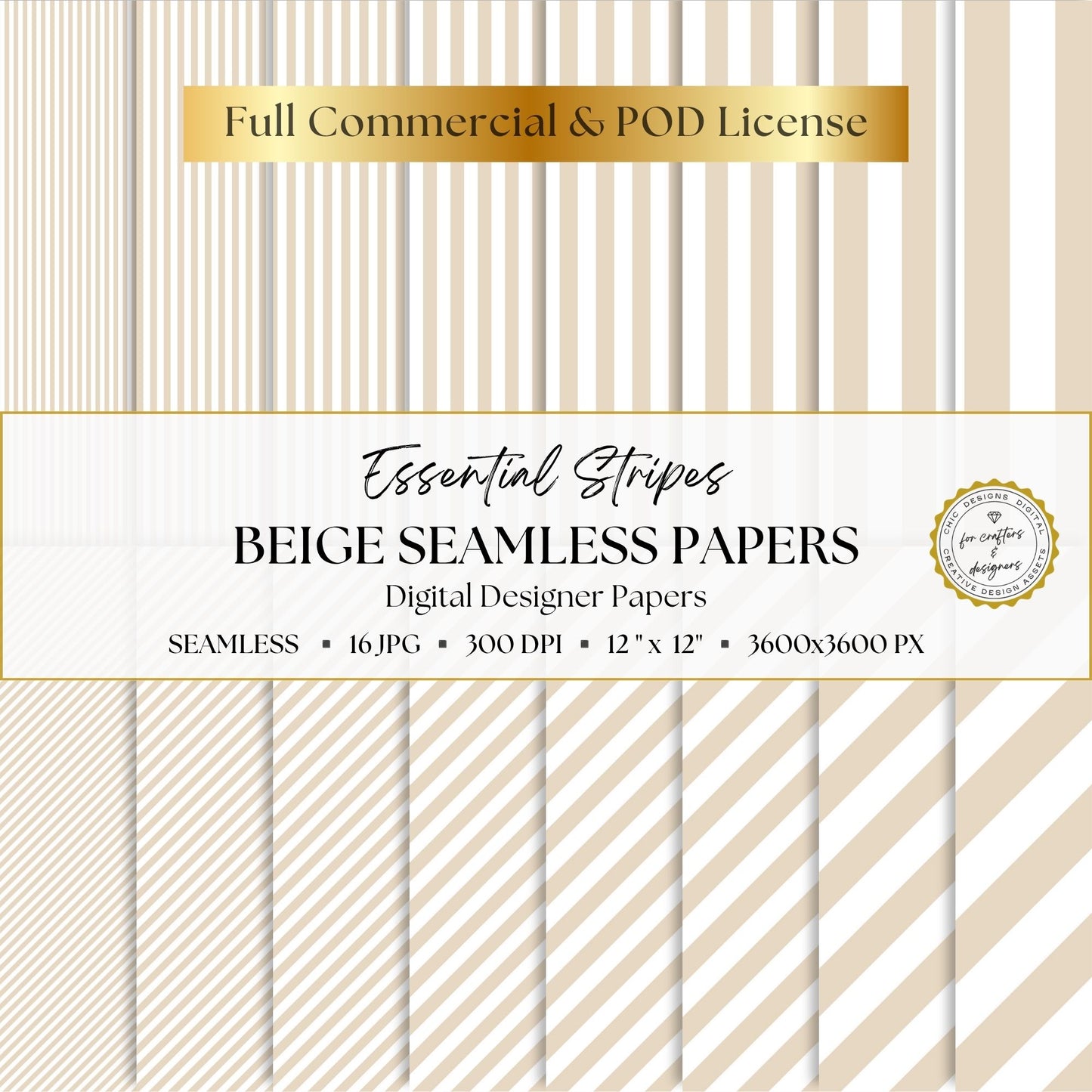Beige Essential Stripes digital paper pack cover showing 16 cream and white seamless stripe patterns in straight and diagonal designs.