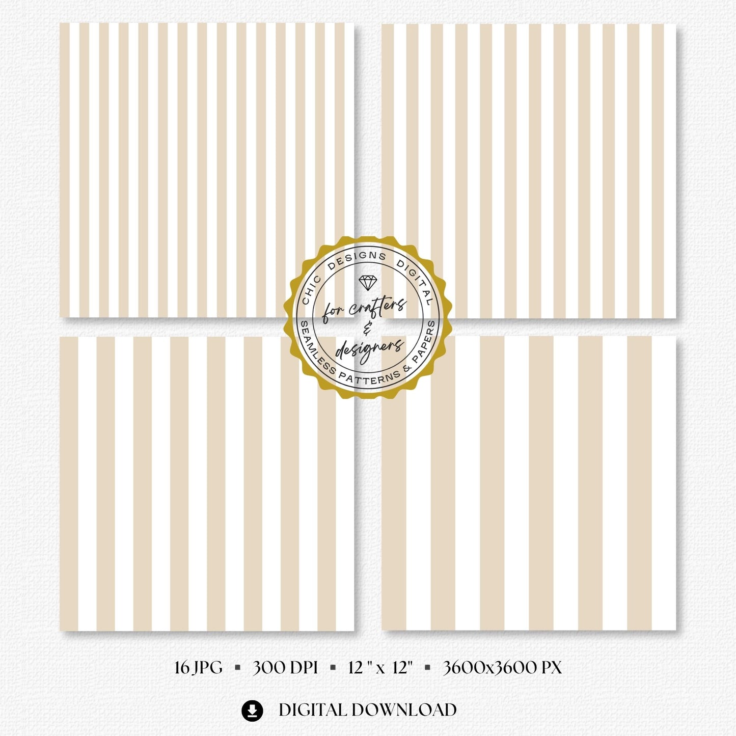 Four cream and white stripe papers showing medium and wide straight vertical stripe variations.