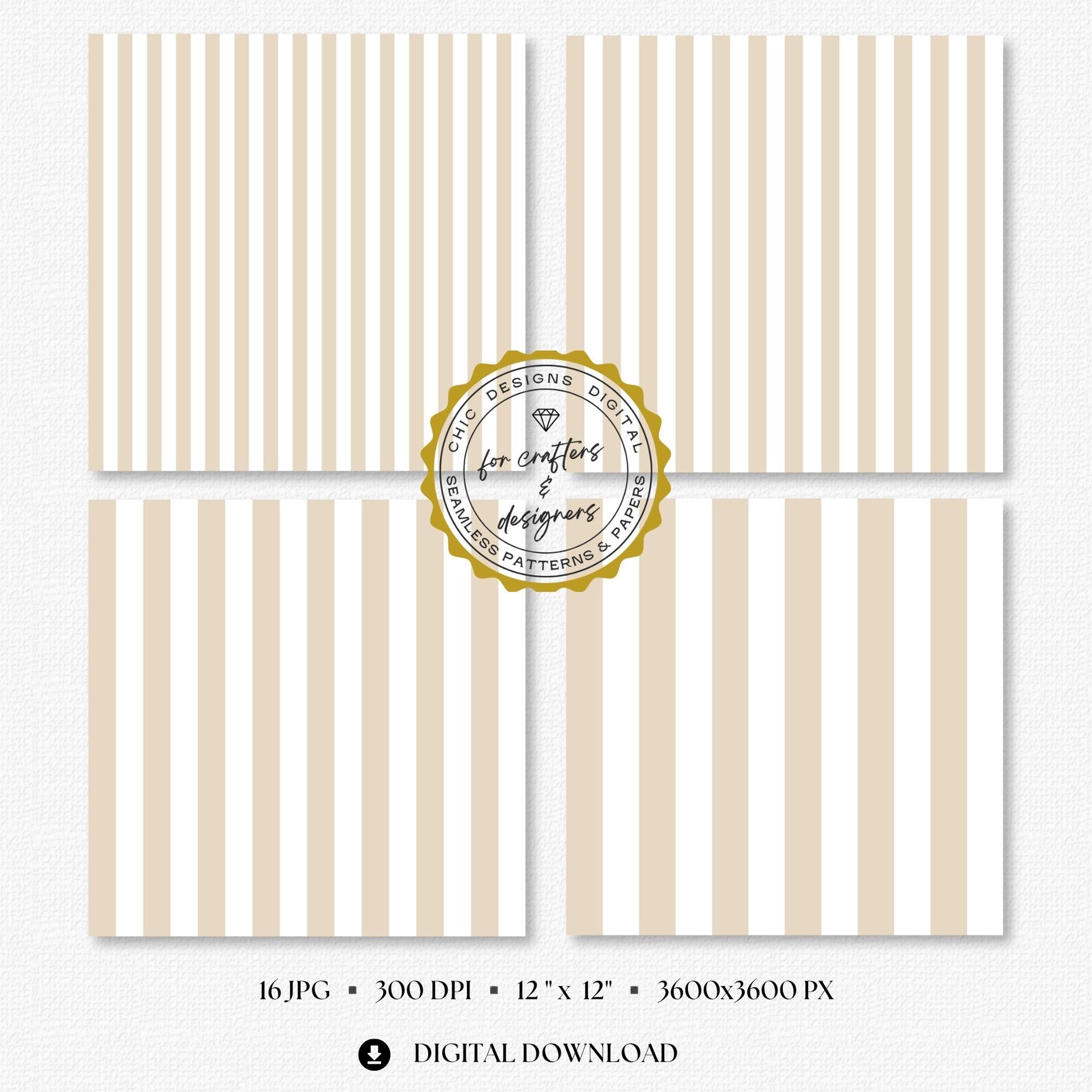 Four cream and white stripe papers showing medium and wide straight vertical stripe variations.