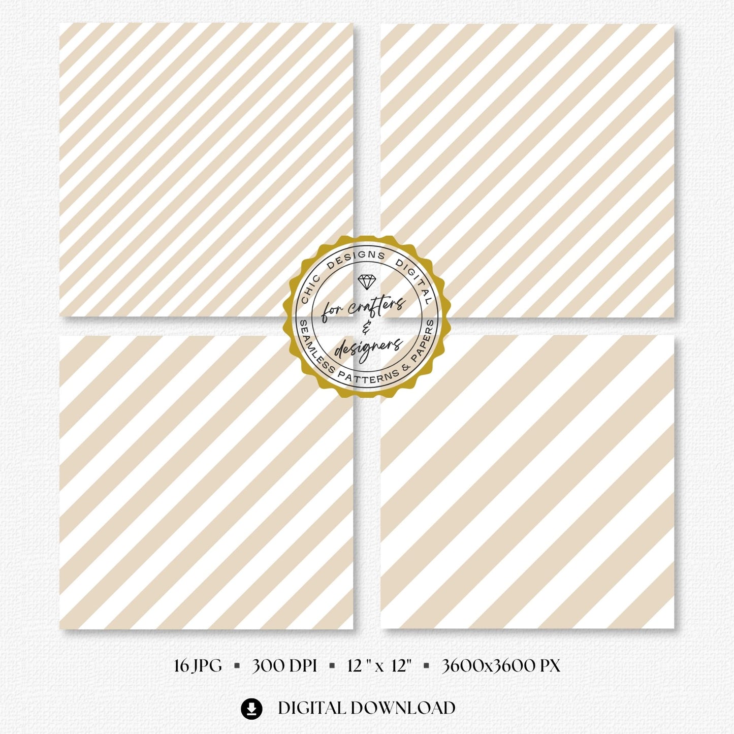 Four cream and white stripe papers showing medium and wide diagonal stripe variations.