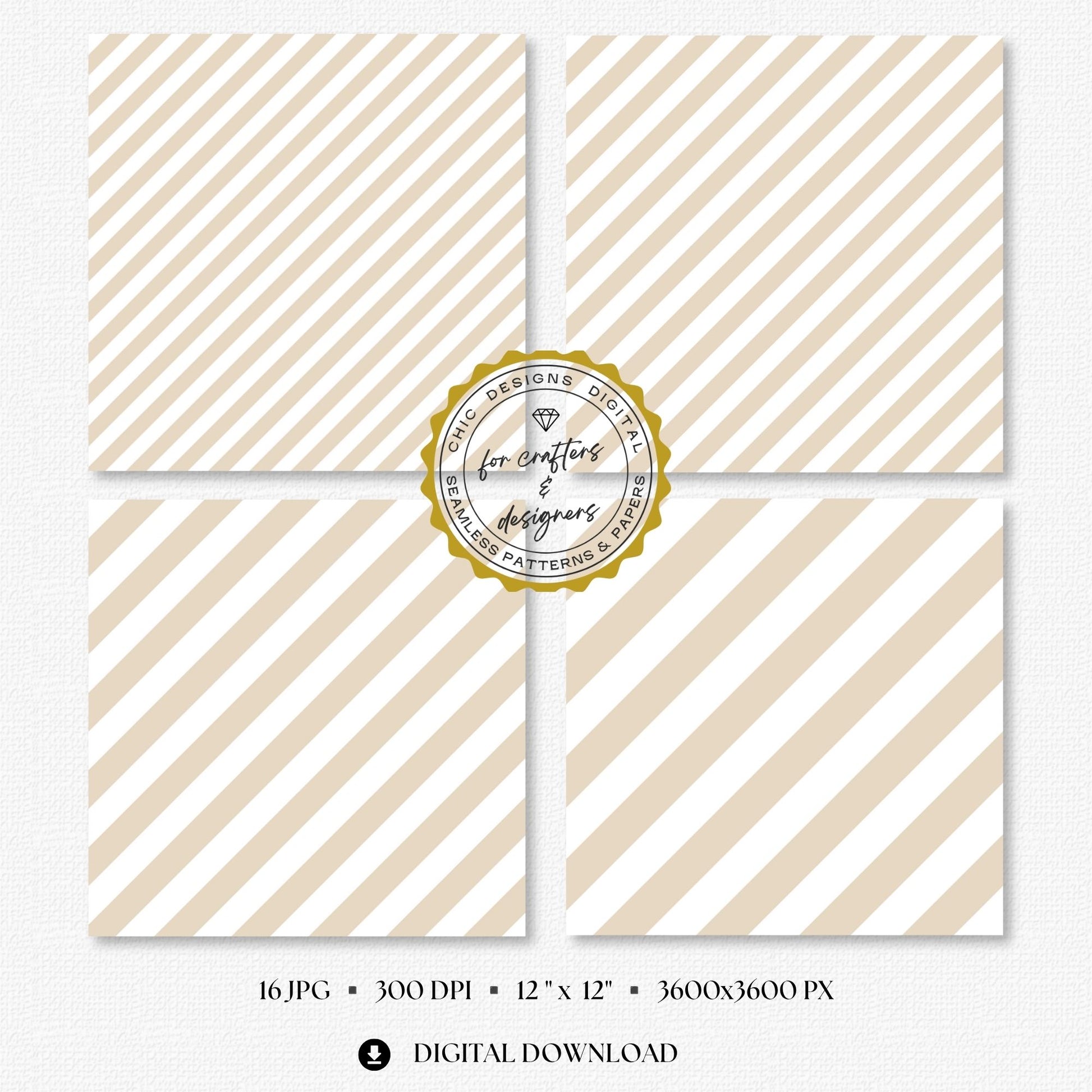 Four cream and white stripe papers showing medium and wide diagonal stripe variations.