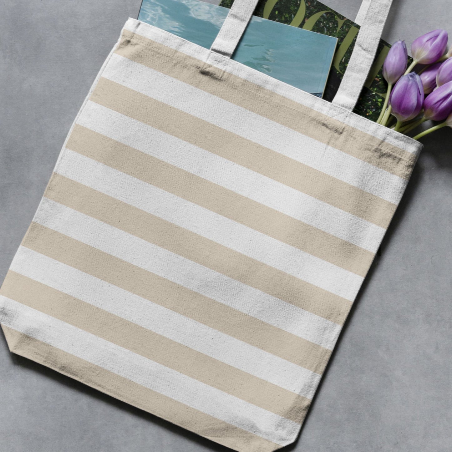 Cream and white wide vertical stripe pattern shown on a tote bag as a product-use example.