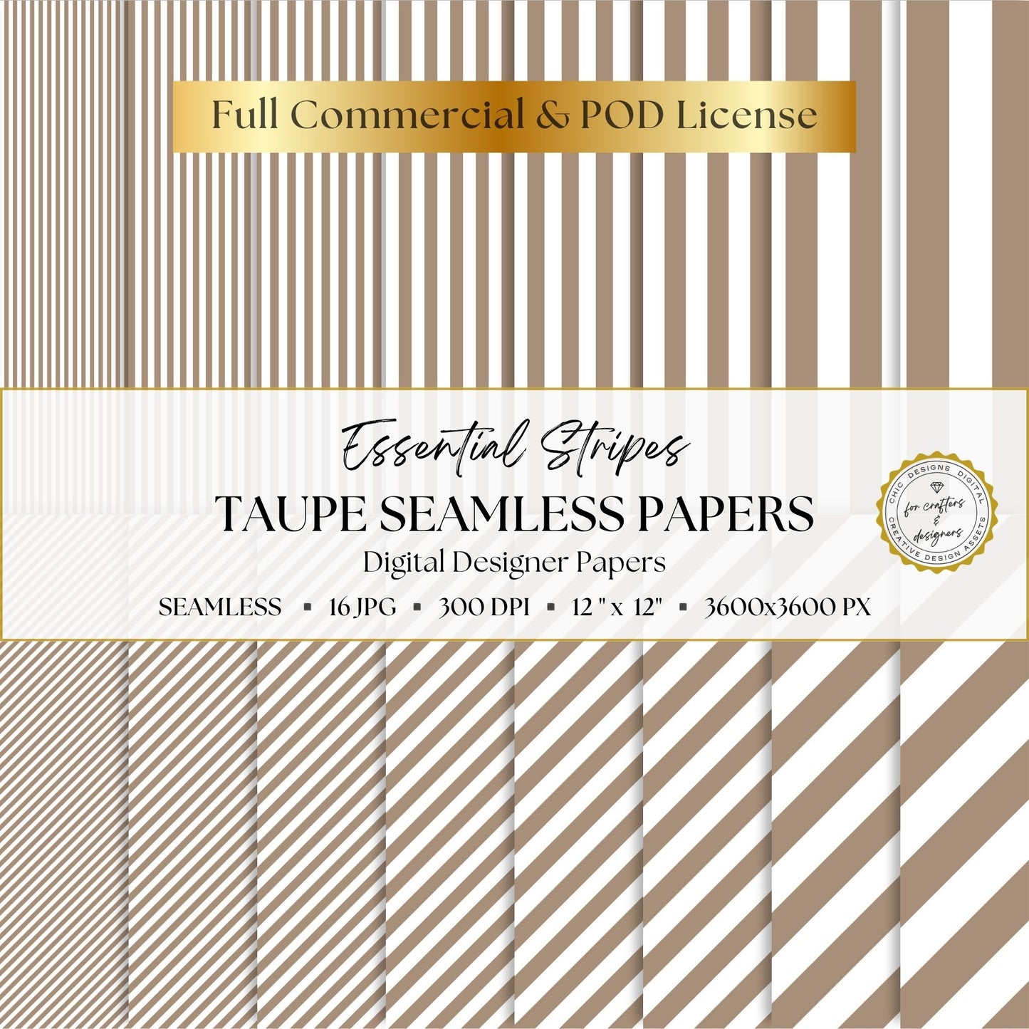Taupe Essential Stripes digital paper pack cover showing 16 greige and white seamless stripe patterns in straight and diagonal designs.