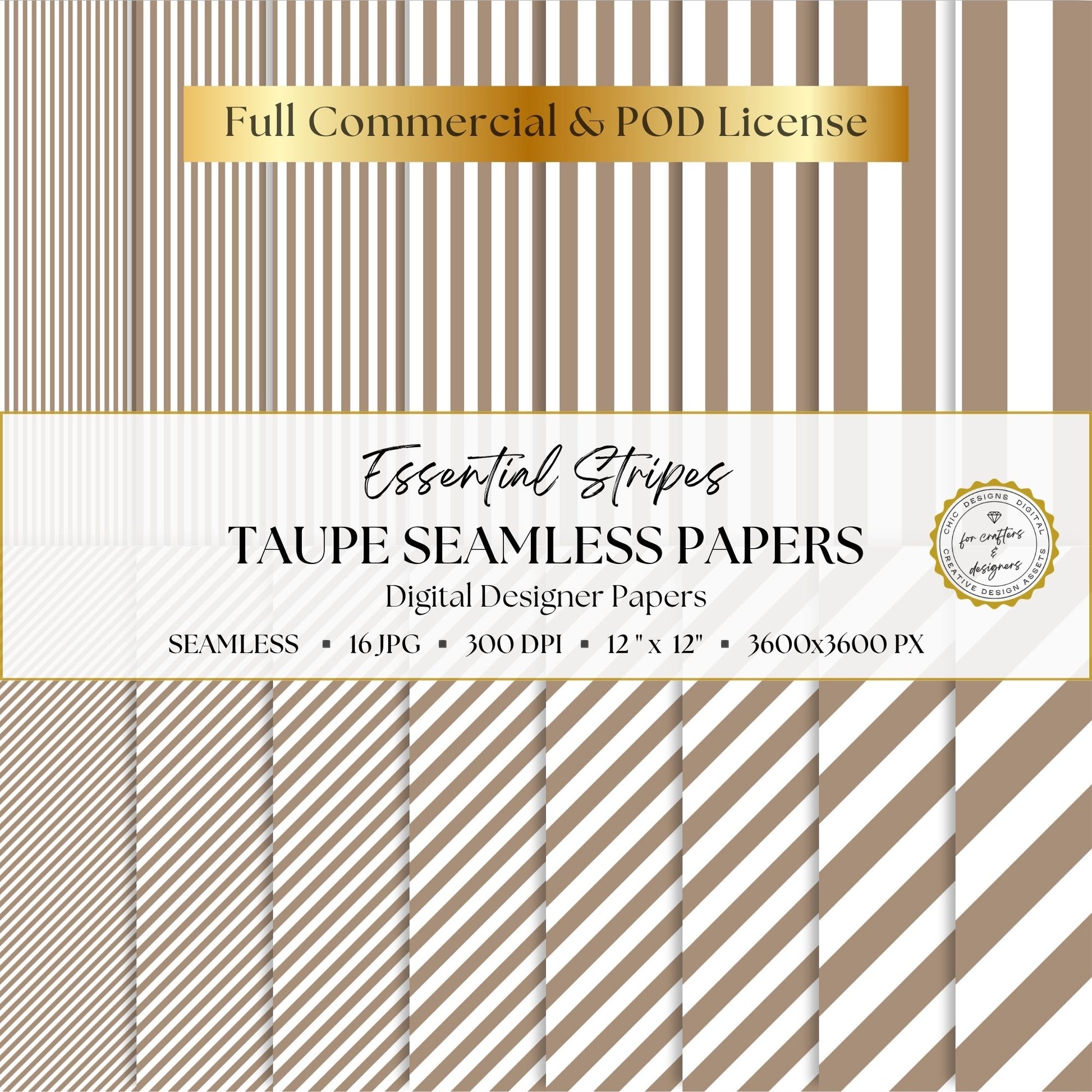 Taupe Essential Stripes digital paper pack cover showing 16 greige and white seamless stripe patterns in straight and diagonal designs.