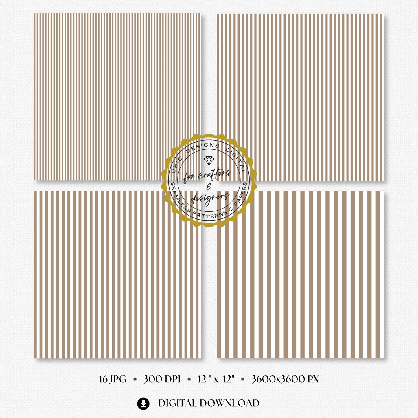 Four greige and white fine stripe papers showing narrow straight vertical stripe variations.