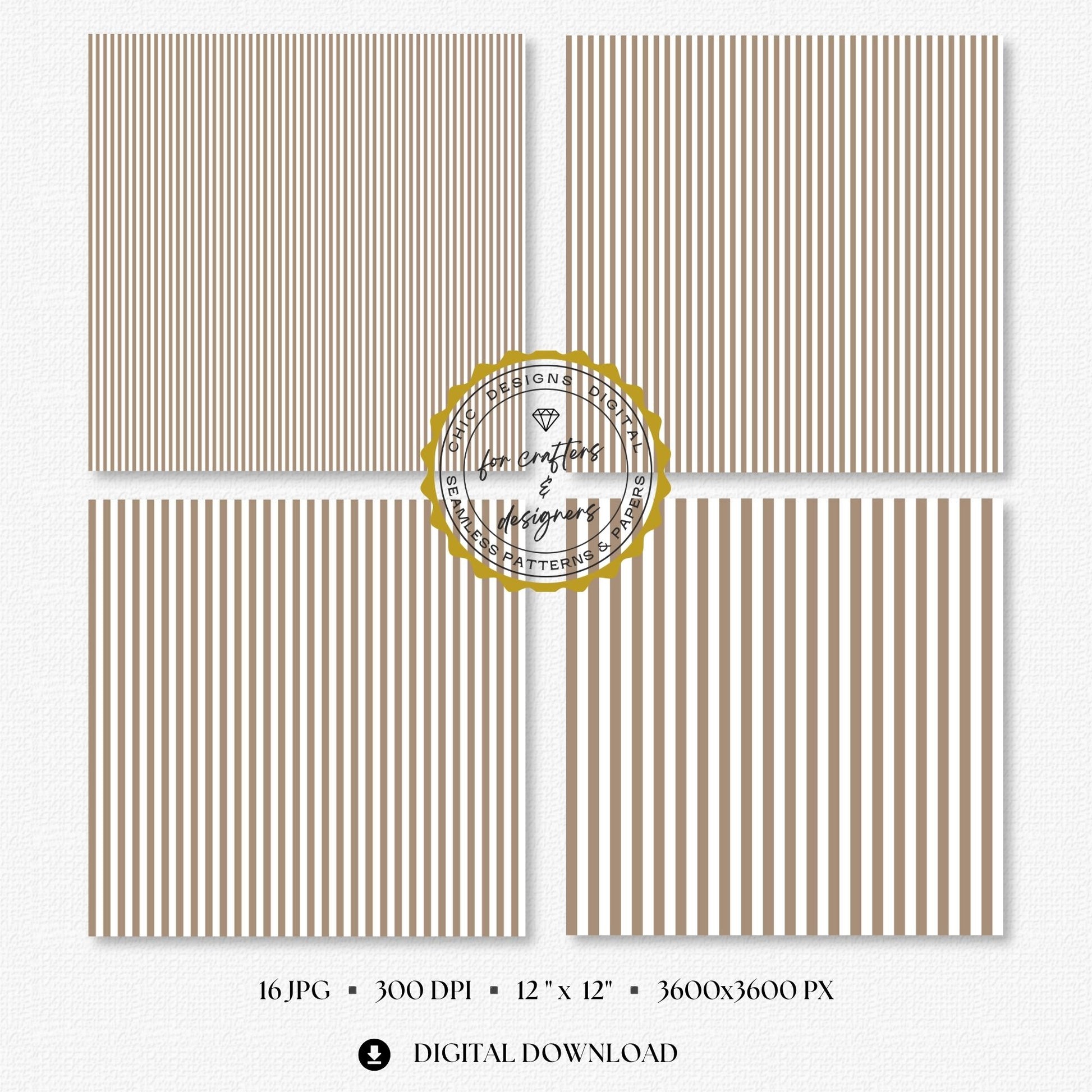 Four greige and white fine stripe papers showing narrow straight vertical stripe variations.