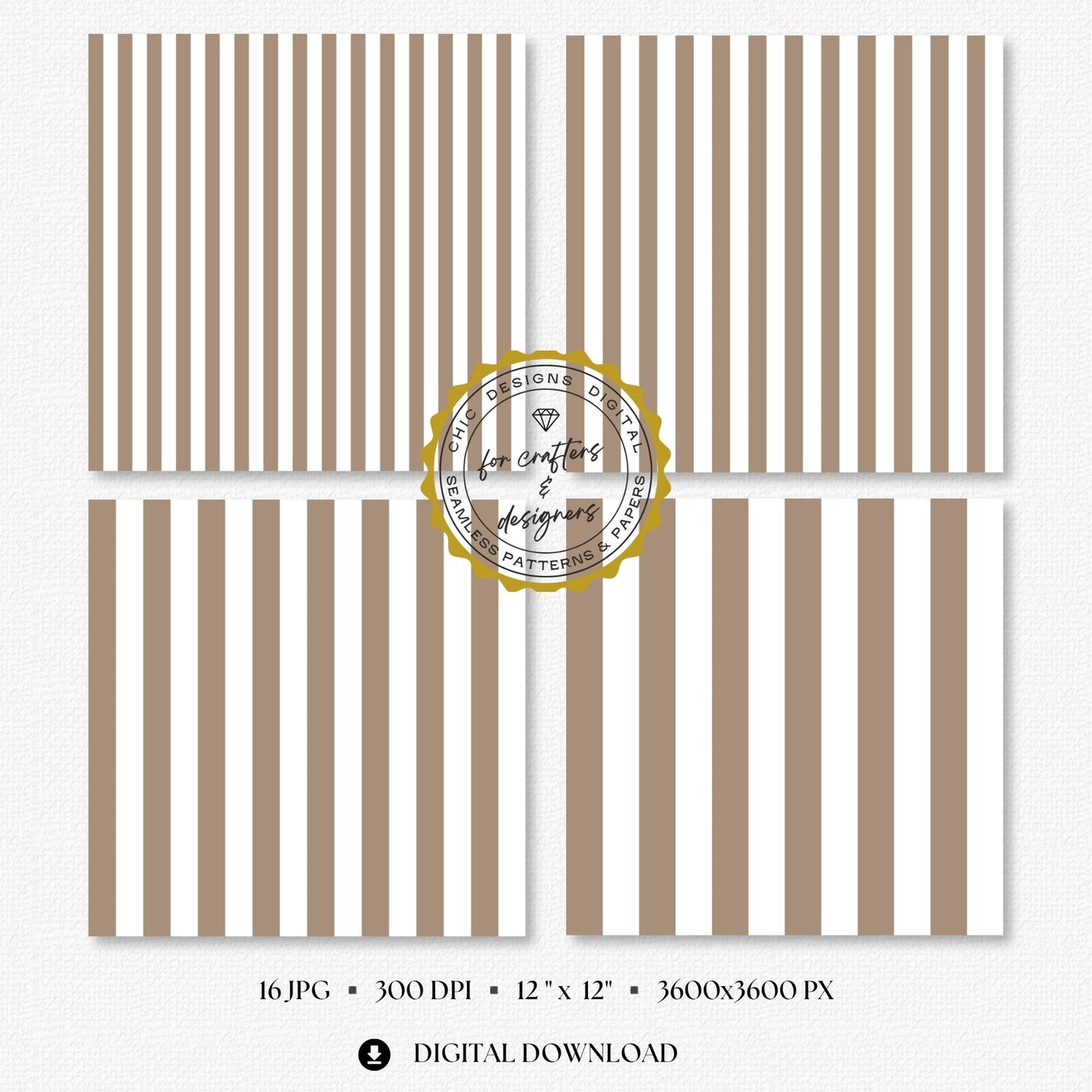 Four greige and white stripe papers showing medium and wide straight vertical stripe variations.