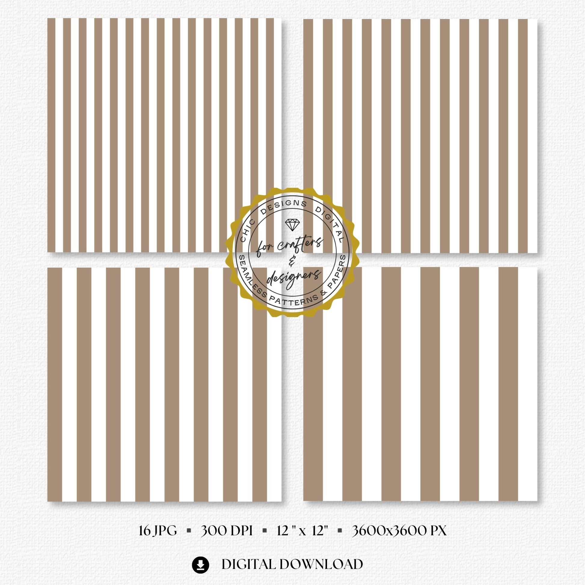 Four greige and white stripe papers showing medium and wide straight vertical stripe variations.