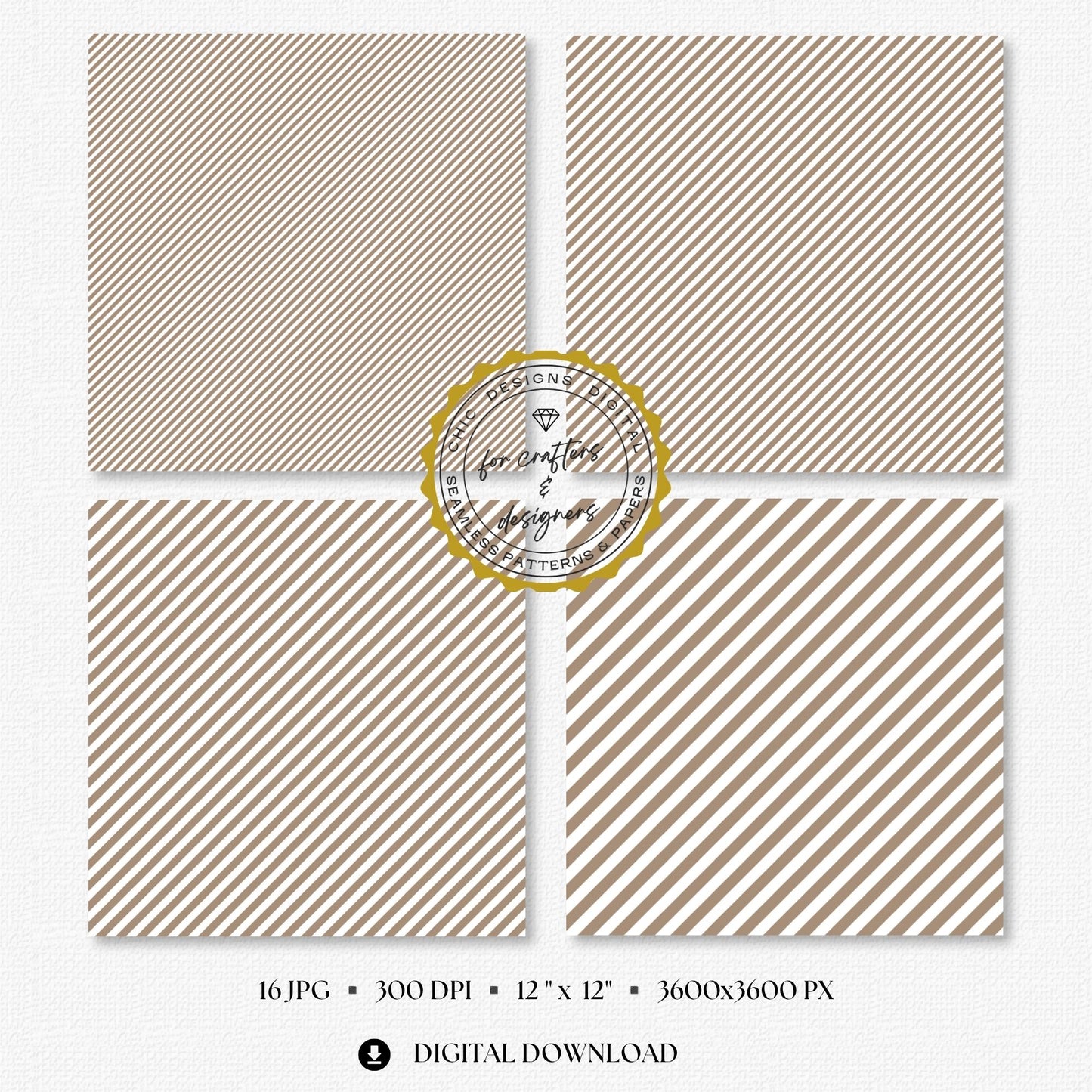 Four greige and white fine stripe papers showing narrow diagonal stripe variations.