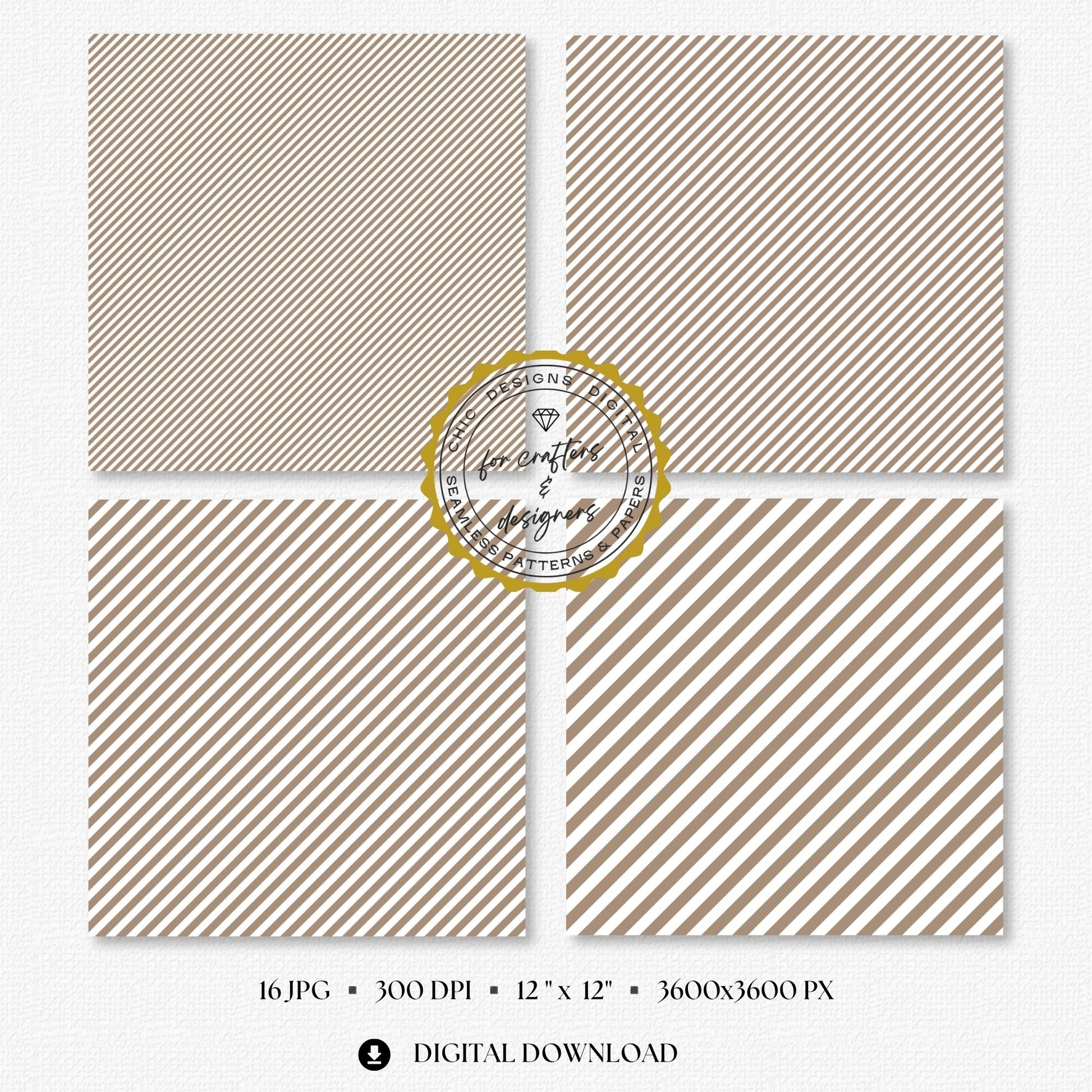 Four greige and white fine stripe papers showing narrow diagonal stripe variations.