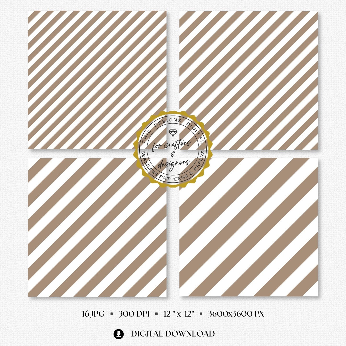 Four greige and white stripe papers showing medium and wide diagonal stripe variations.