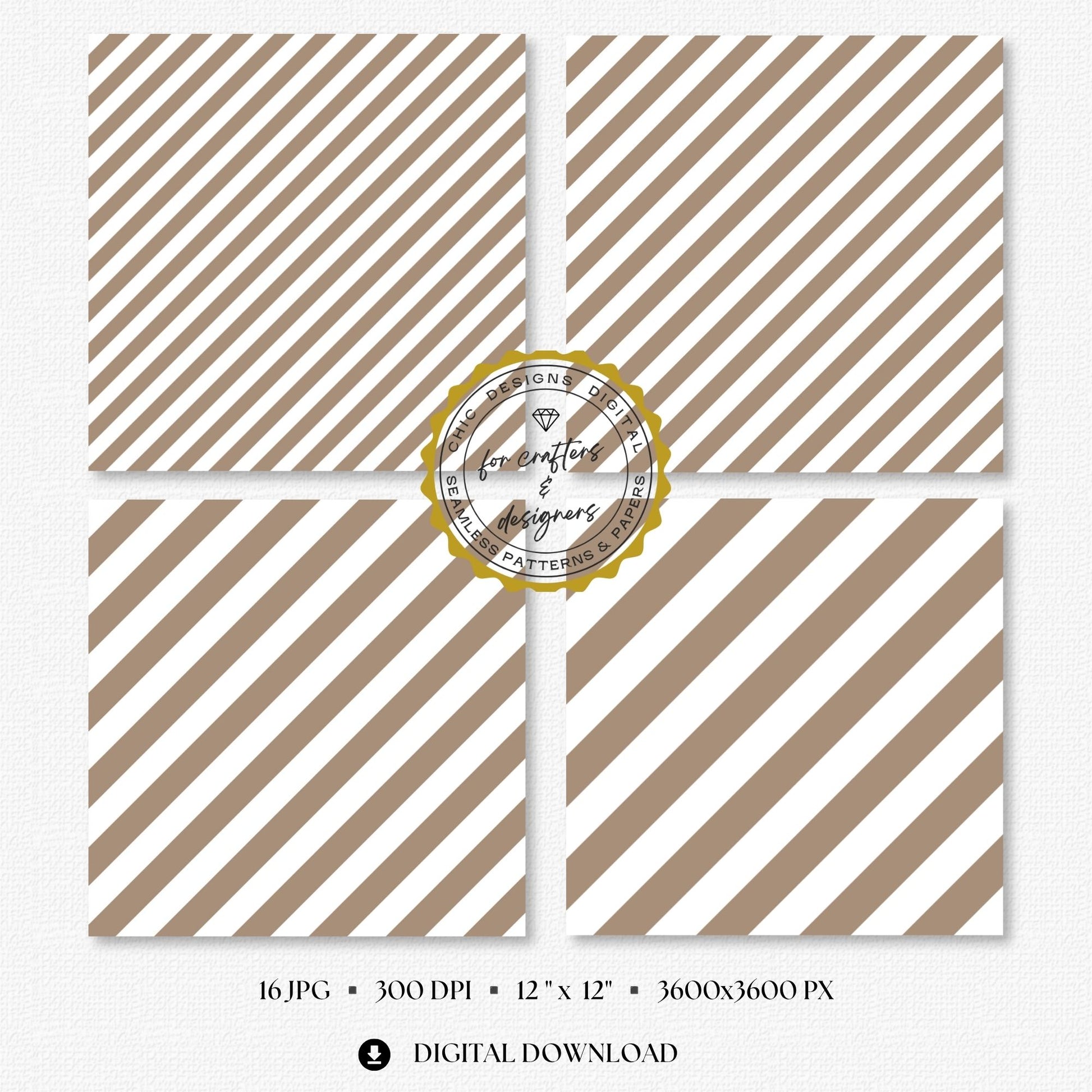 Four greige and white stripe papers showing medium and wide diagonal stripe variations.