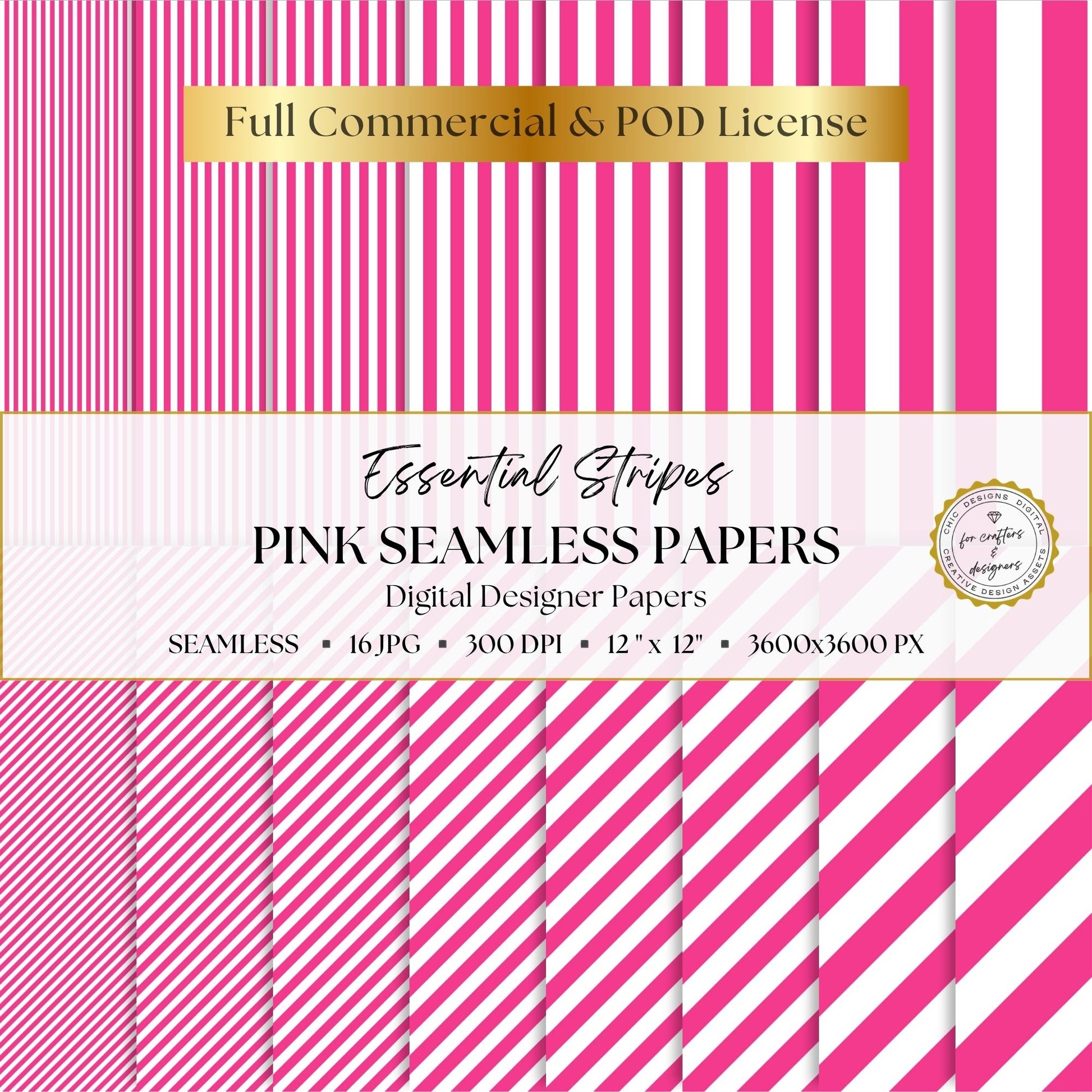 Bright pink and white Essential Stripes digital paper pack with 16 seamless straight and diagonal stripe patterns in widths from fine pinstripes to broad bands.