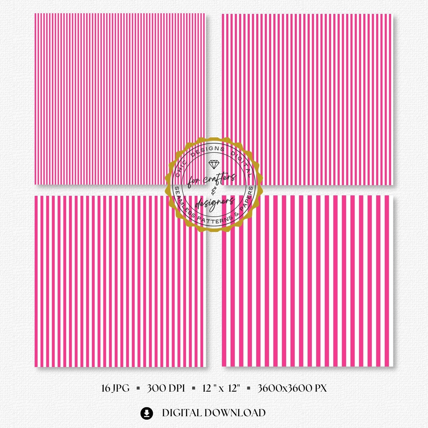 Hot pink and white seamless stripe digital papers showing a coordinated mix of narrow, medium and wide straight stripe patterns for crafts and stationery.