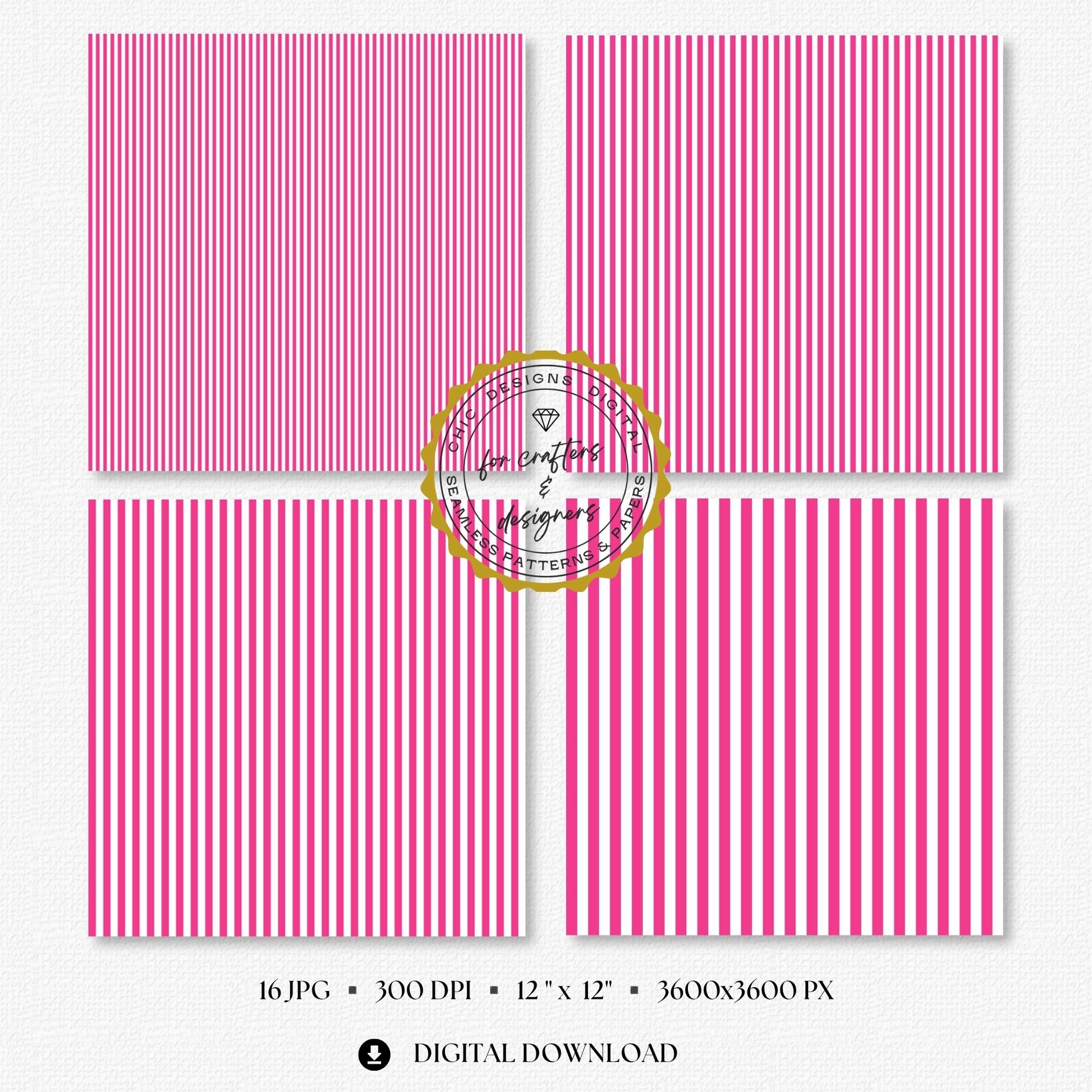 Hot pink and white seamless stripe digital papers showing a coordinated mix of narrow, medium and wide straight stripe patterns for crafts and stationery.