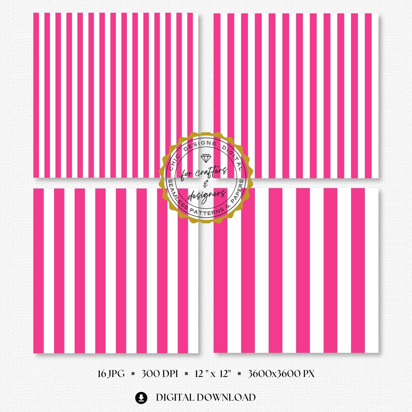 Bright pink and white diagonal stripe digital papers in varied widths, part of the 16-pattern Essential Stripes seamless paper pack.