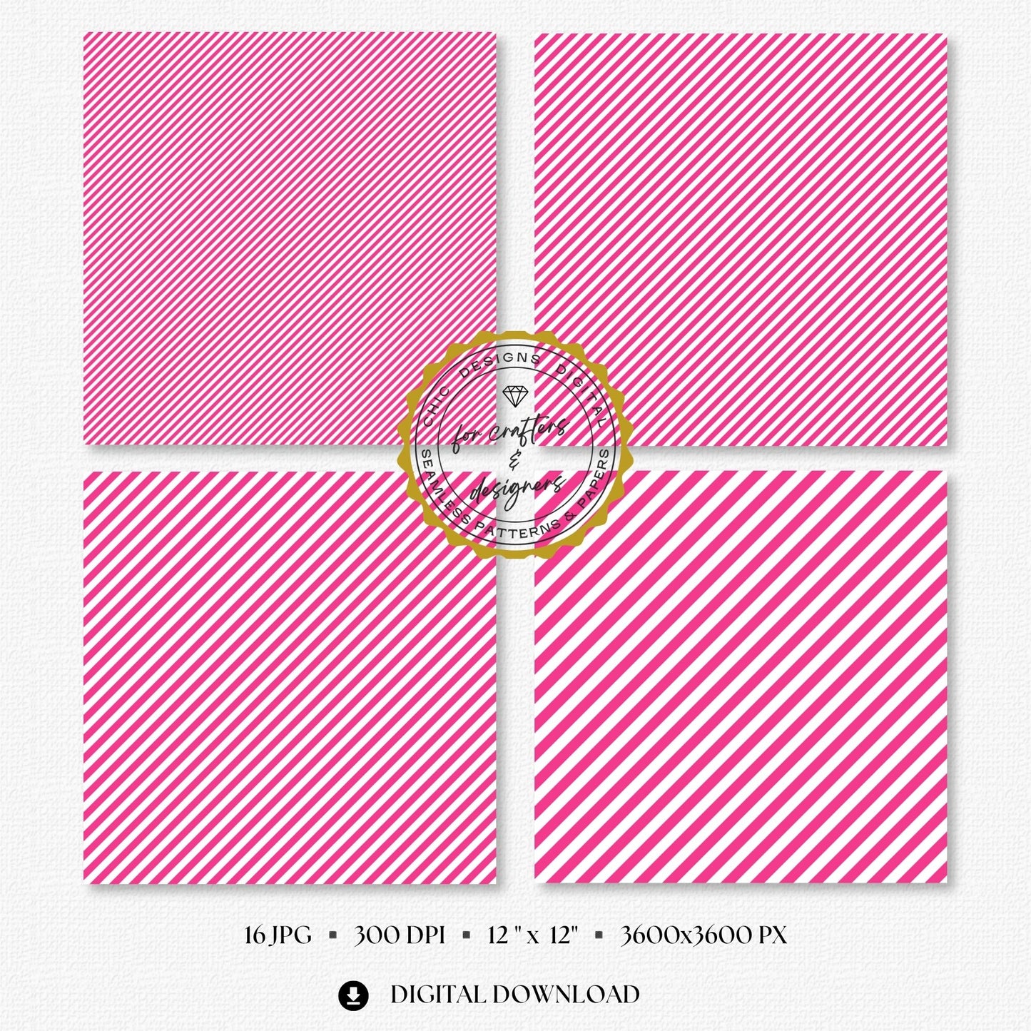 Selection of bold hot pink and white seamless stripe backgrounds designed for scrapbooking, card making, planners, labels and printable paper crafts.