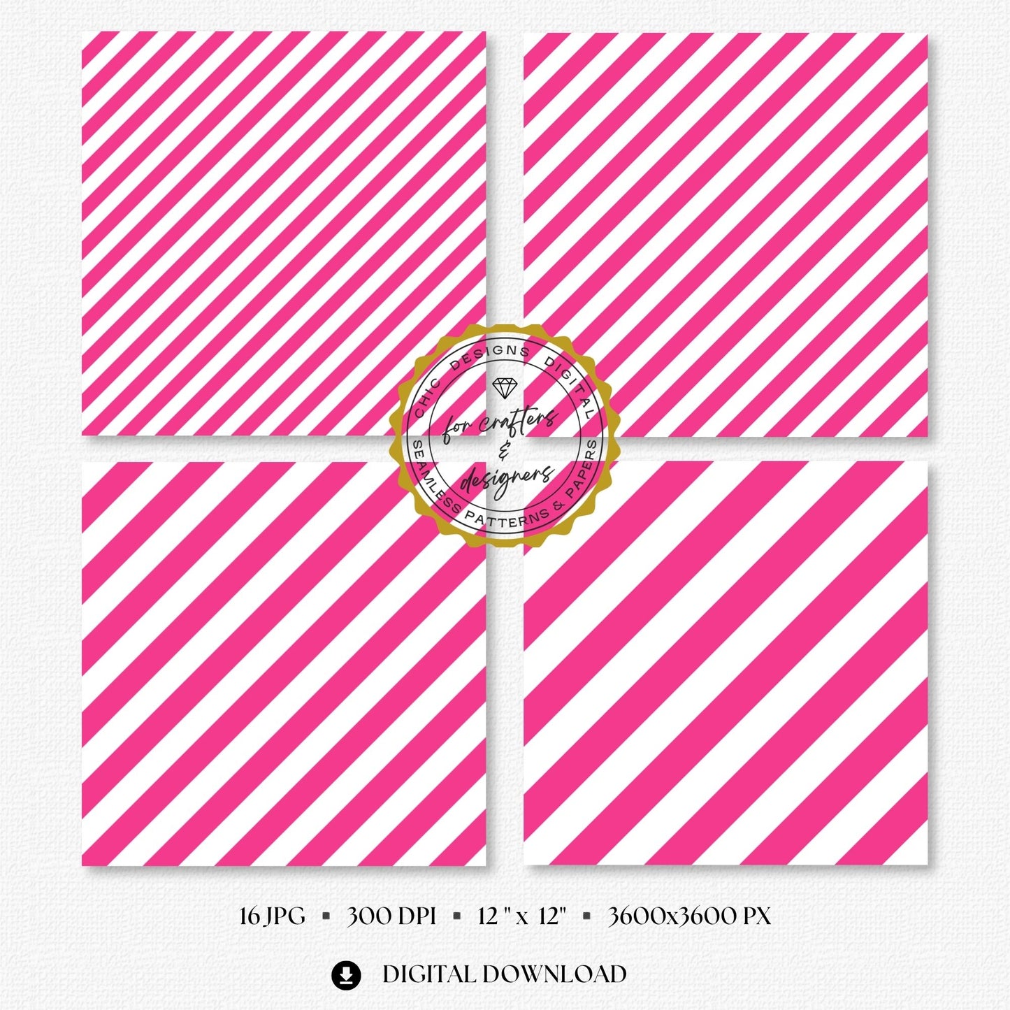 Fine to broad bright pink stripe patterns with clean white spacing, supplied as seamless 12x12 inch JPG digital papers at 300 DPI.