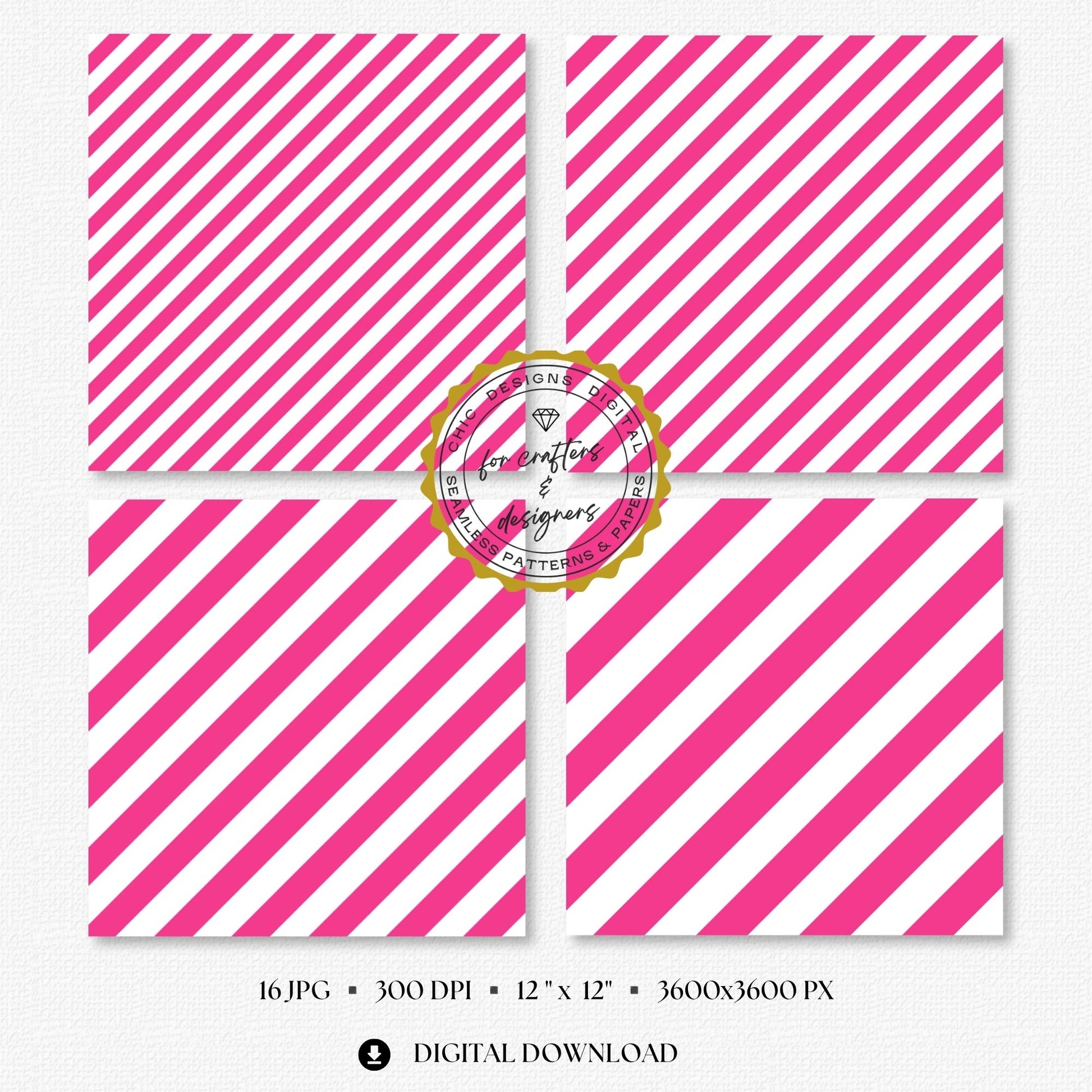 Fine to broad bright pink stripe patterns with clean white spacing, supplied as seamless 12x12 inch JPG digital papers at 300 DPI.