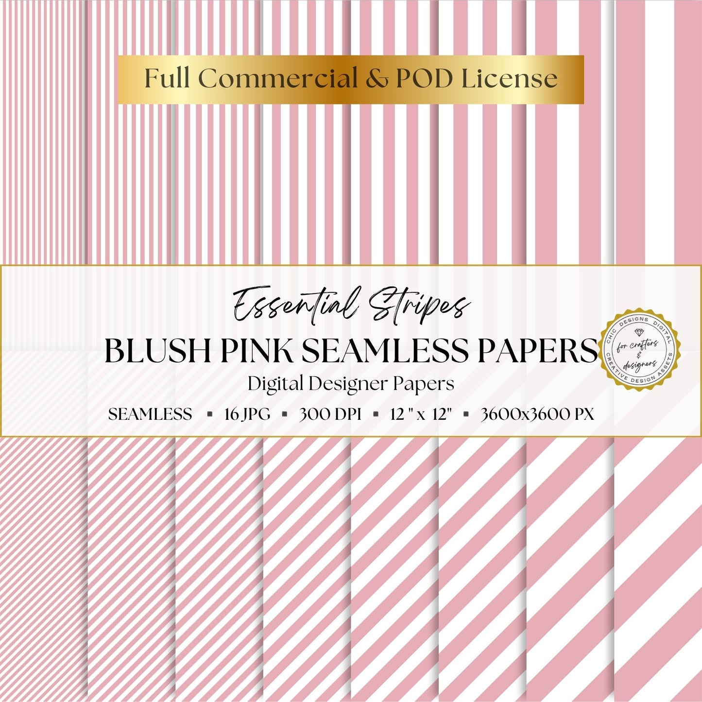 Blush pink and white Essential Stripes digital paper pack with 16 seamless straight and diagonal stripe patterns in widths from fine pinstripes to broad bands.