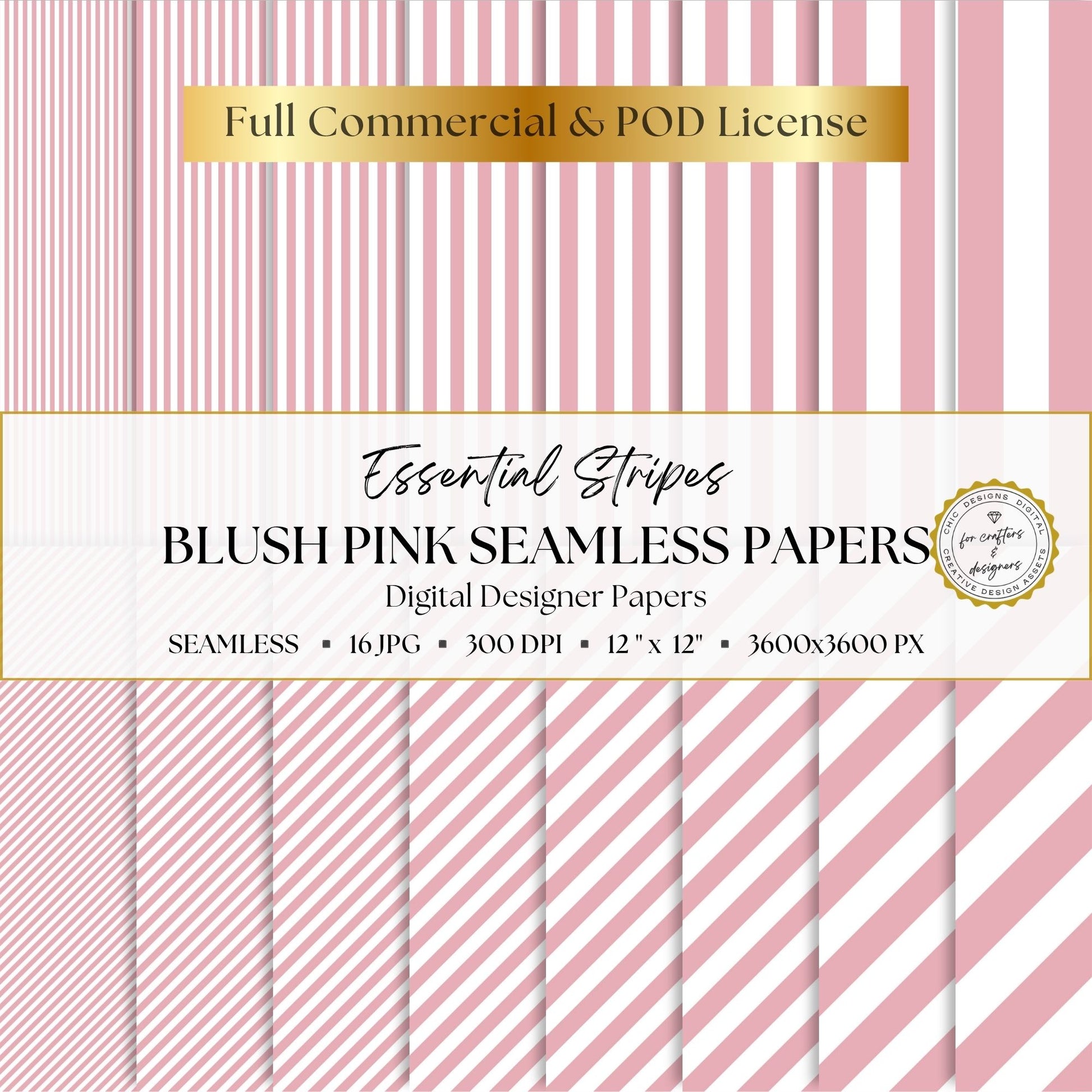 Blush pink and white Essential Stripes digital paper pack with 16 seamless straight and diagonal stripe patterns in widths from fine pinstripes to broad bands.