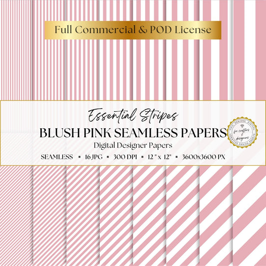 Blush pink and white Essential Stripes digital paper pack with 16 seamless straight and diagonal stripe patterns in widths from fine pinstripes to broad bands.