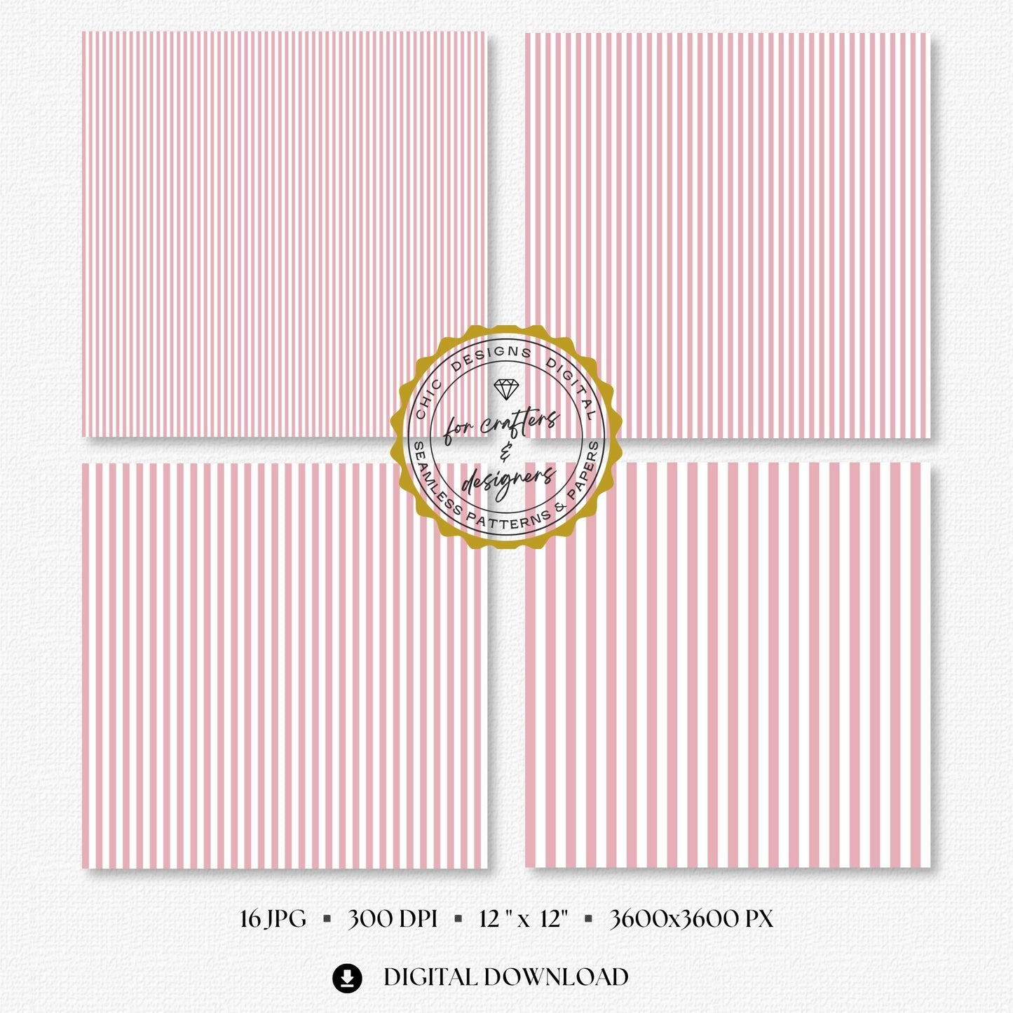 Dusty blush pink and white seamless stripe digital papers showing a coordinated mix of narrow, medium and wide straight stripe patterns for crafts and stationery.