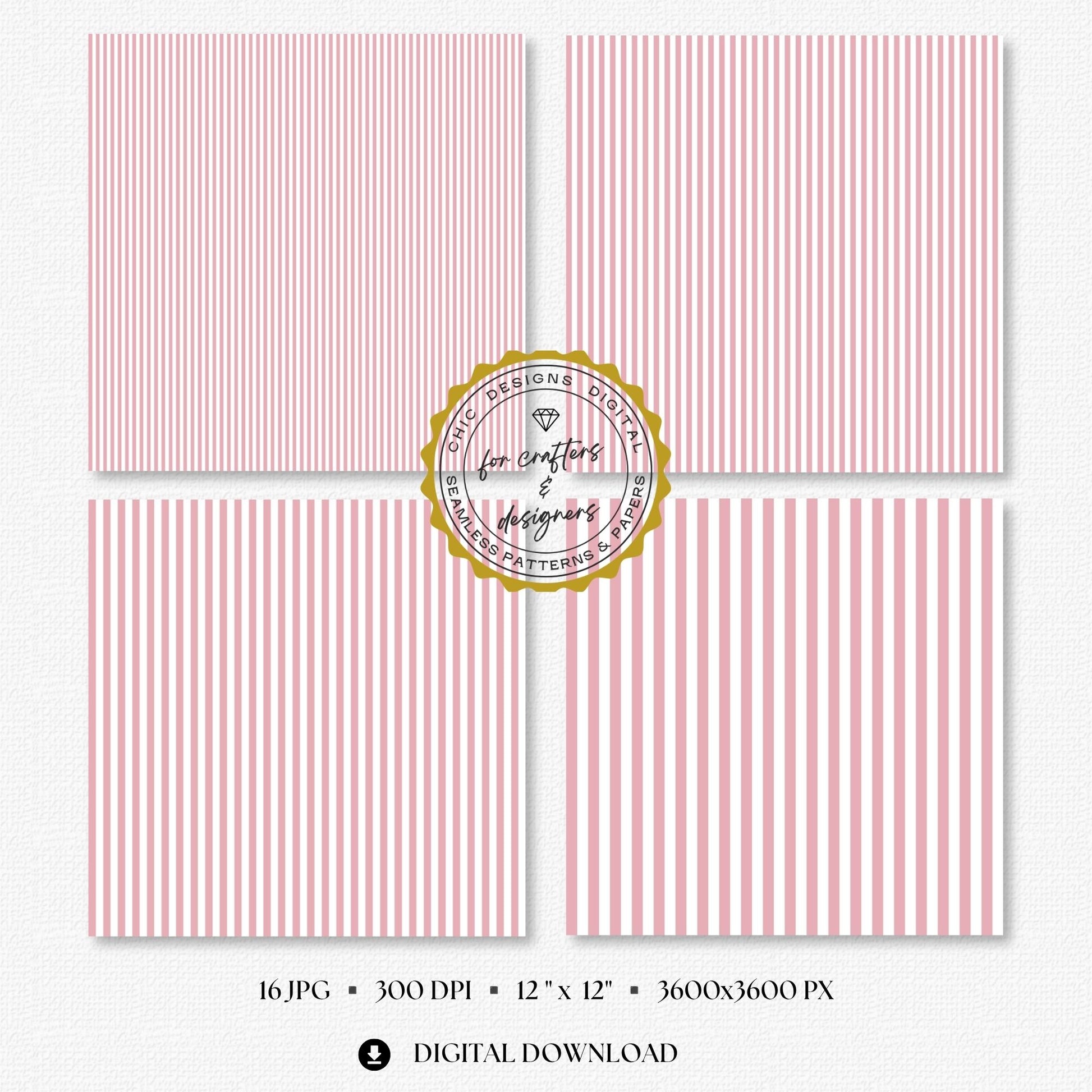 Dusty blush pink and white seamless stripe digital papers showing a coordinated mix of narrow, medium and wide straight stripe patterns for crafts and stationery.