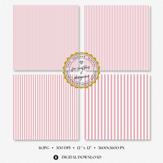 Dusty blush pink and white seamless stripe digital papers showing a coordinated mix of narrow, medium and wide straight stripe patterns for crafts and stationery.