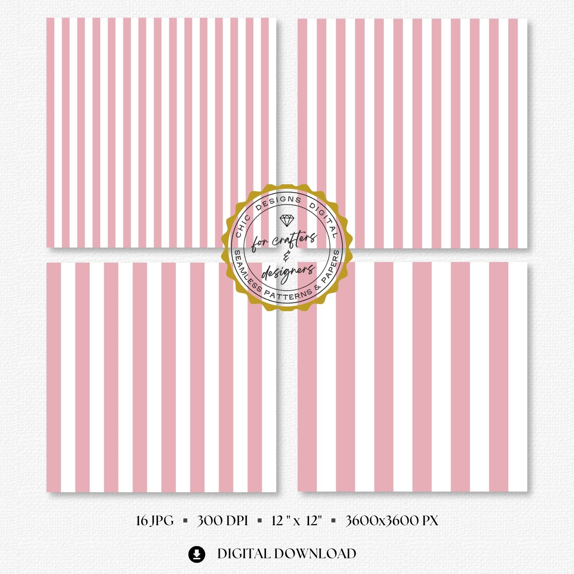 Soft blush pink and white diagonal stripe digital papers in varied widths, part of the 16-pattern Essential Stripes seamless paper pack.