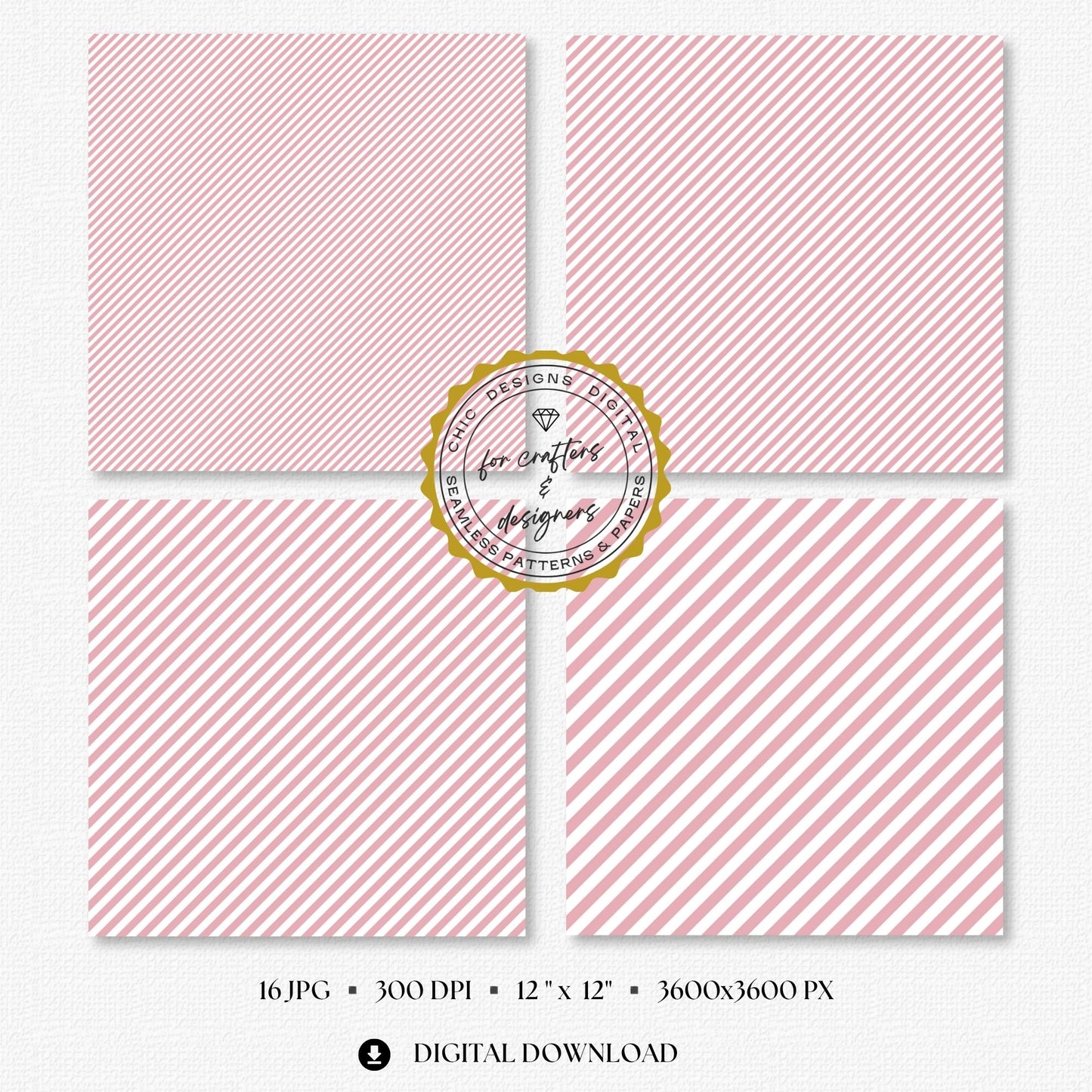 Selection of muted blush pink and white seamless stripe backgrounds designed for scrapbooking, card making, planners, labels and printable paper crafts.