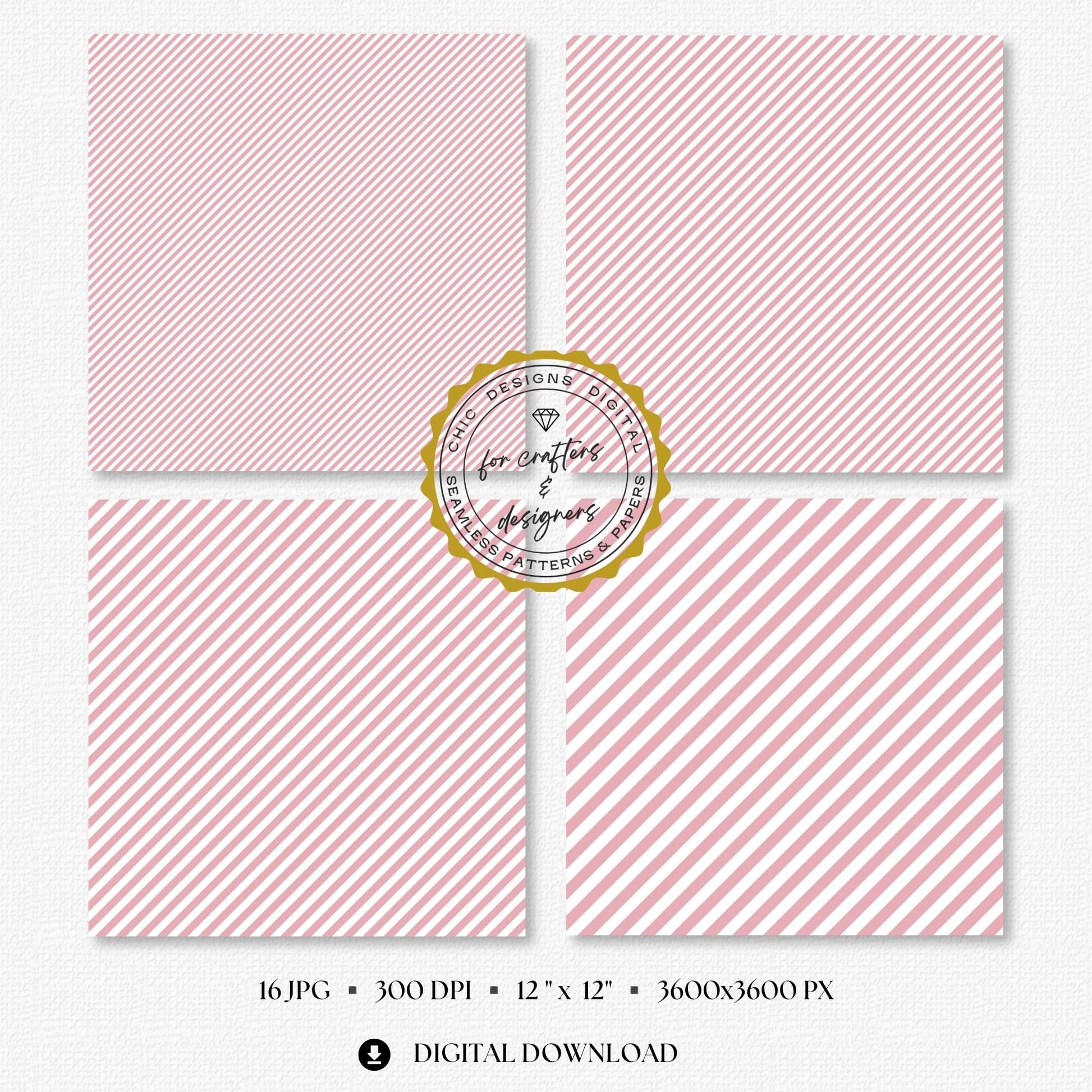 Selection of muted blush pink and white seamless stripe backgrounds designed for scrapbooking, card making, planners, labels and printable paper crafts.