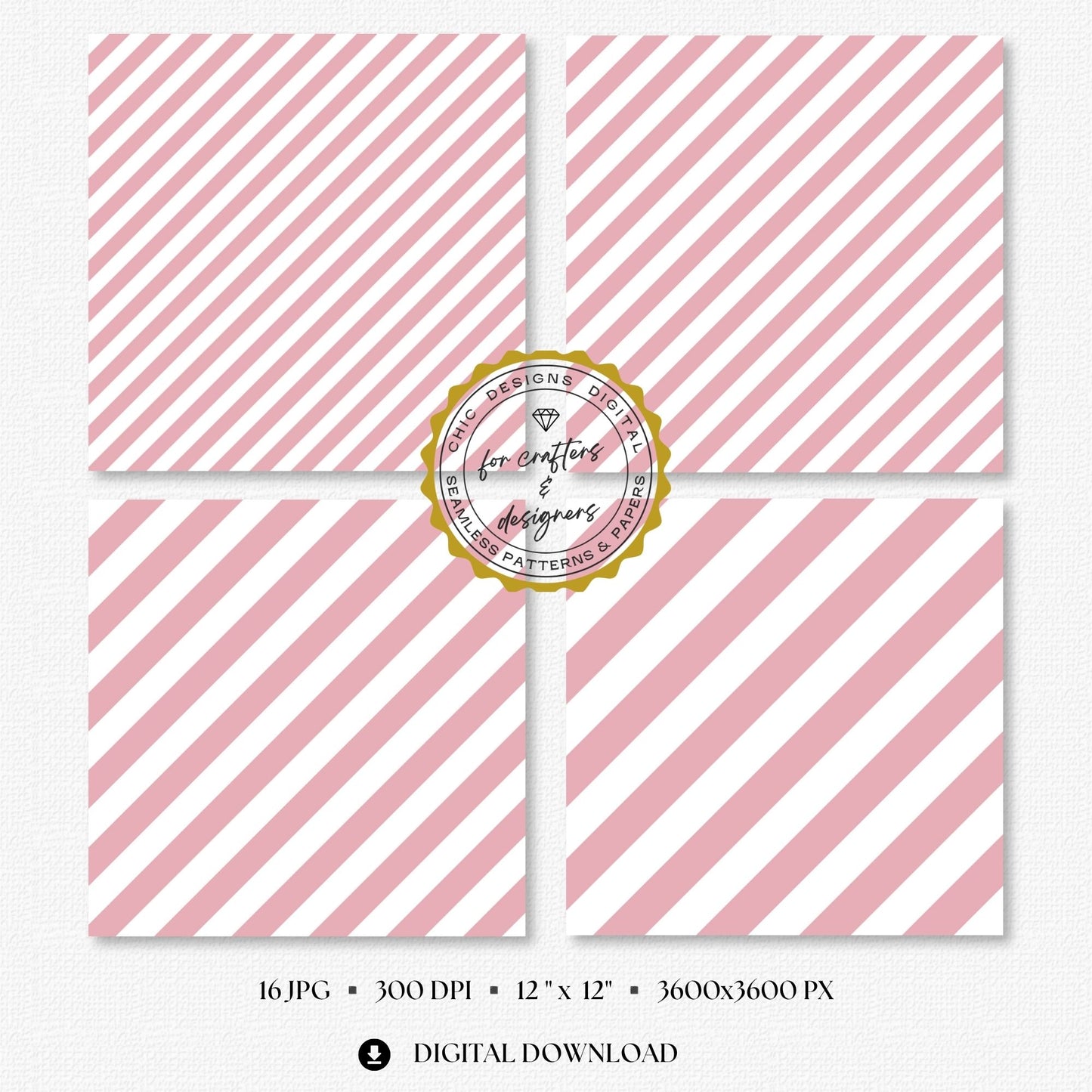 Fine to broad dusty blush pink stripe patterns with clean white spacing, supplied as seamless 12x12 inch JPG digital papers at 300 DPI.