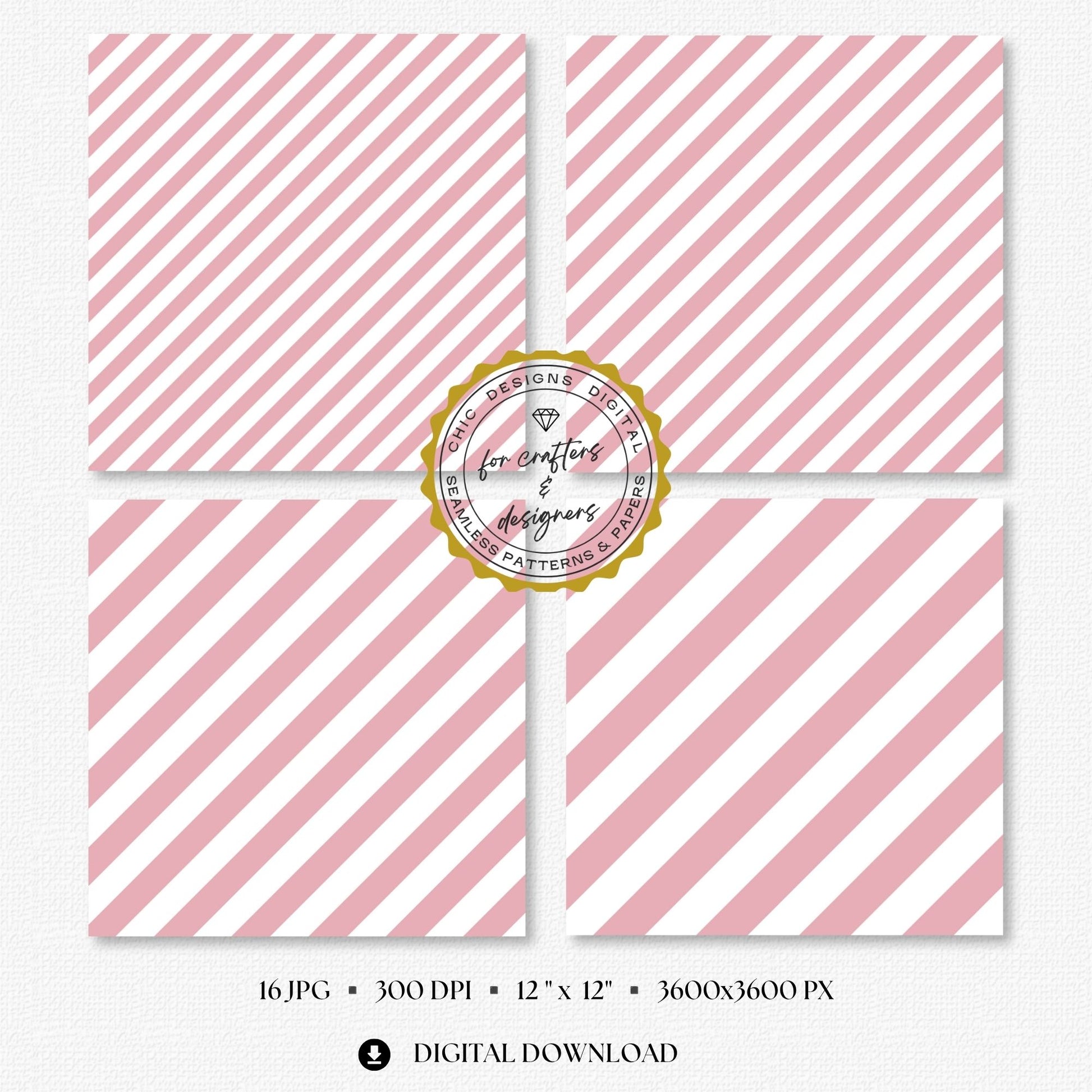 Fine to broad dusty blush pink stripe patterns with clean white spacing, supplied as seamless 12x12 inch JPG digital papers at 300 DPI.